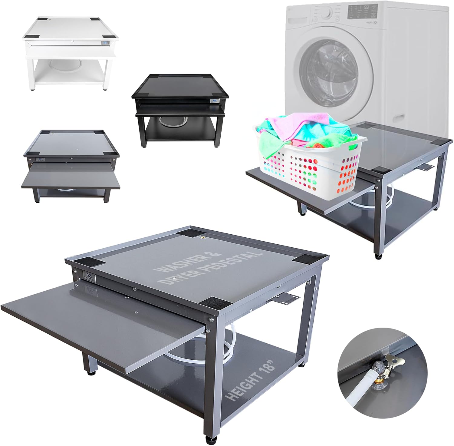 Washer and Dryer Pedestal with Pullout-Shelf - 27" W, 18" H, Gray Steel Universal Fit with Major Brands | Laundry Pedestal with Drain Pan & Hose | Washer Stand for Back Pain Relief, 800 lbs Capacity