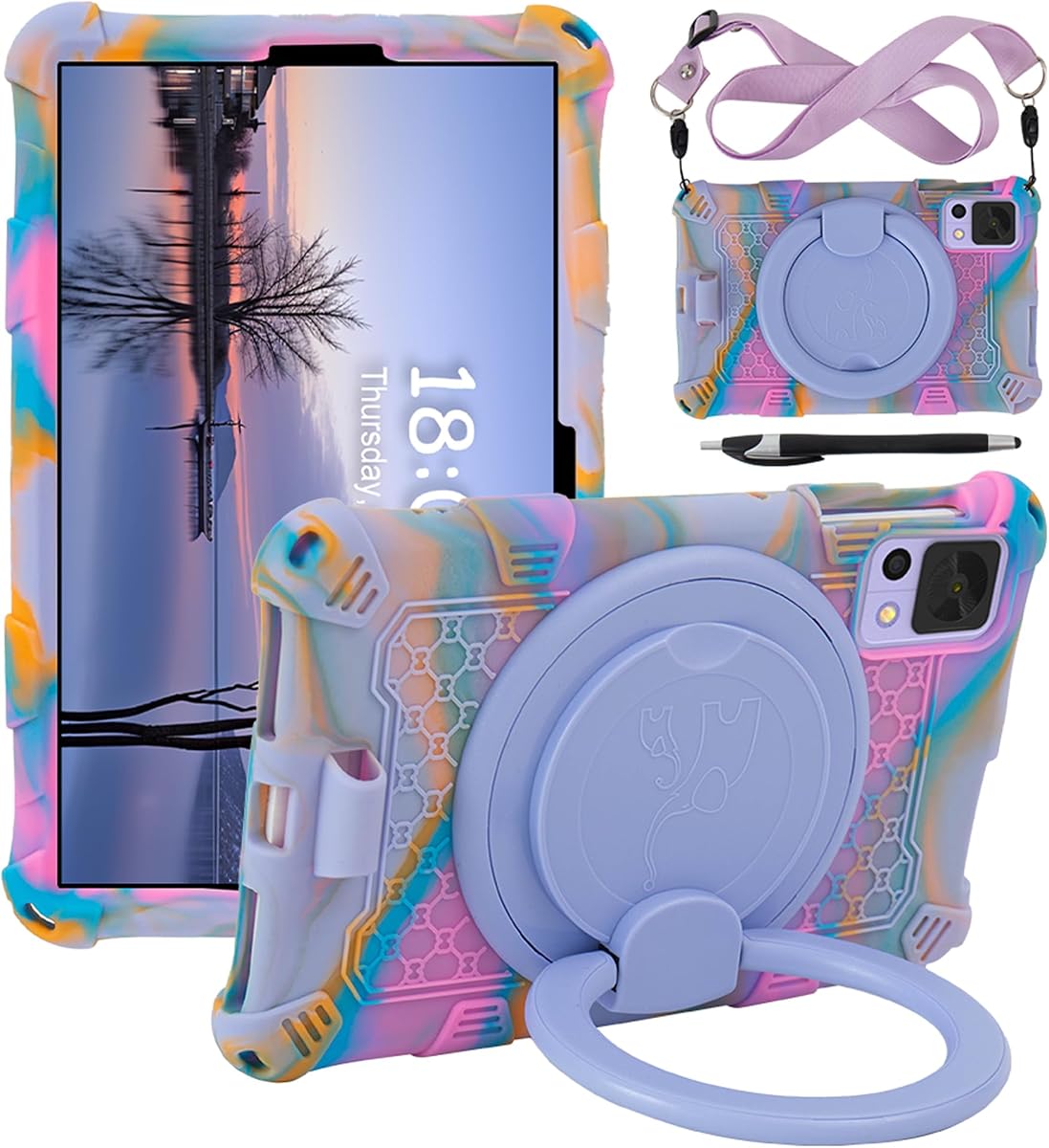 Tablet Case for ALLDOCUBE iPlay 50 Mini/60 Mini/DOOGEE T20 Mini/TCL/Samsung Galaxy Tab A 8.4 inch Soft Anti-Stress Silicone Case with Rotate Stand/Pencil Holder/Shoulder Strap/Pen (Colorful Purple)