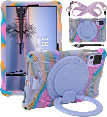 ALLDOCUBE Soft Anti-Stress Silicone Case for iPlay 50 Mini/60 Mini/DOOGEE T20 Mini/TCL/Samsung Galaxy Tab A 8.4 Inch with Rotating Stand/Pencil Holder/Shoulder Strap/Pen Colorful Purple