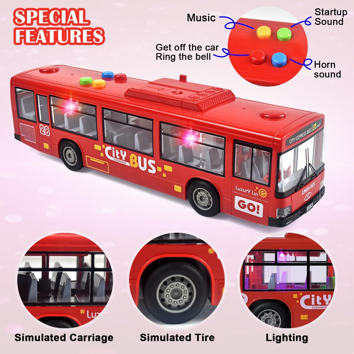 iFunLong Bus Car Toys for 3+ Years old Boy and Girl Gift, Play Vehicles Toy with Lights and Sounds (Red) - Image 2