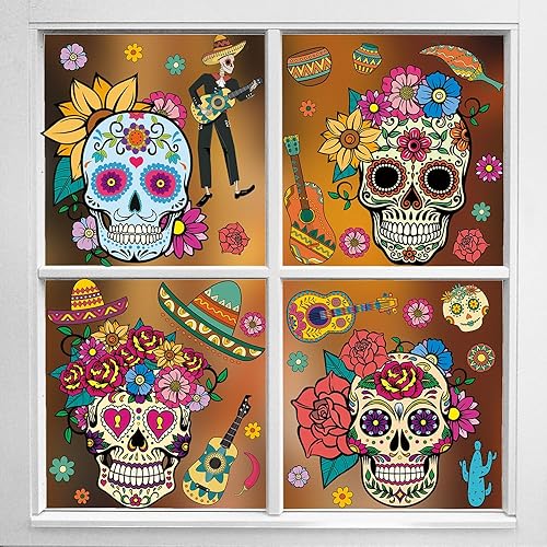 Vista 4 de Calcomanías para ventana del Día de los Muertos, Calaveras de Azúcar para ventana, calcomanías de Halloween para ventana, calcomanías de vidrio