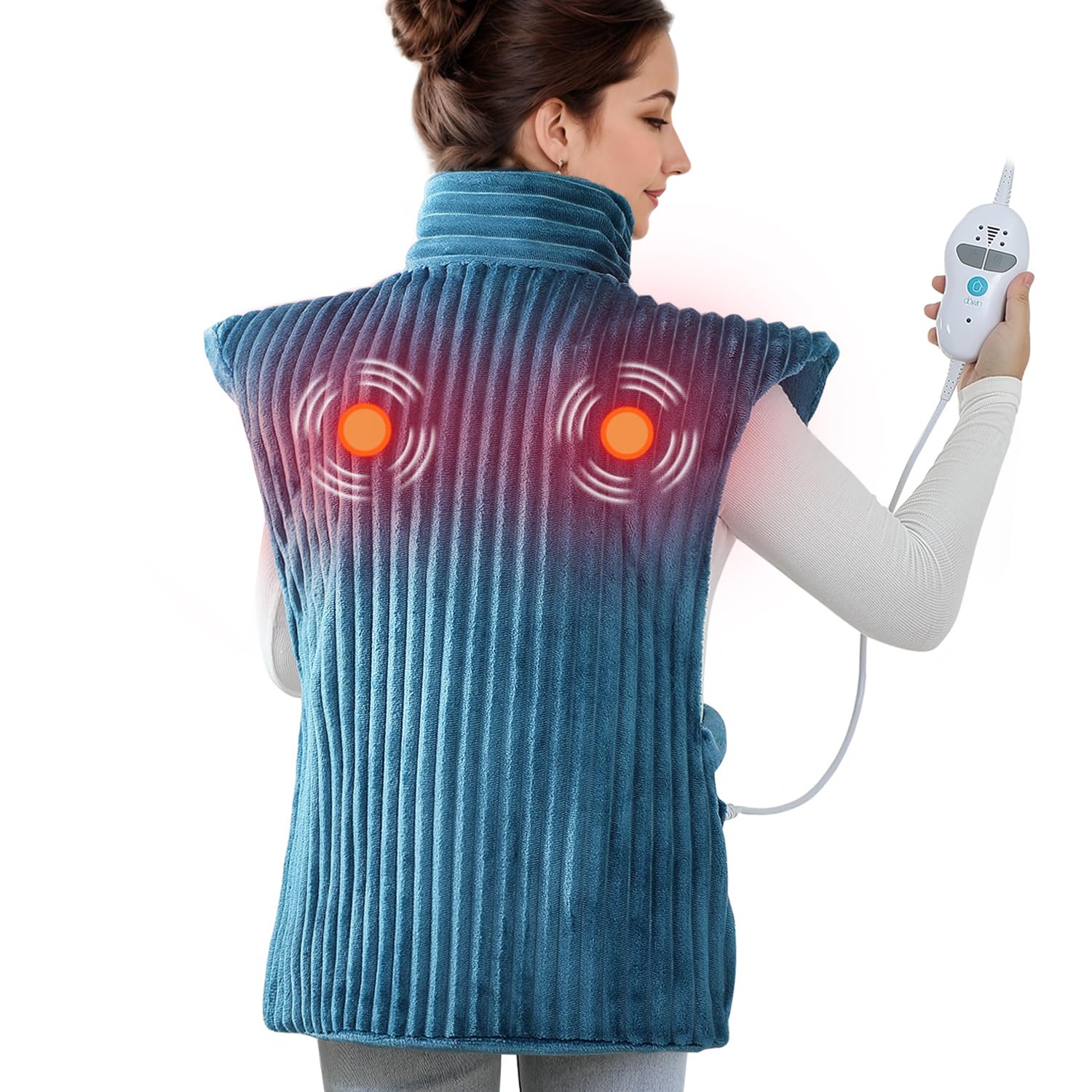 Dowin Vibrating Heating Pad for Neck and Shoulders,24x35 Extra Large Heating Pads for Back Pain Relief with 2 Massagers,Auto-shutoff,2 Heat Settings,4 Massage Modes,Machine Washable,Teal