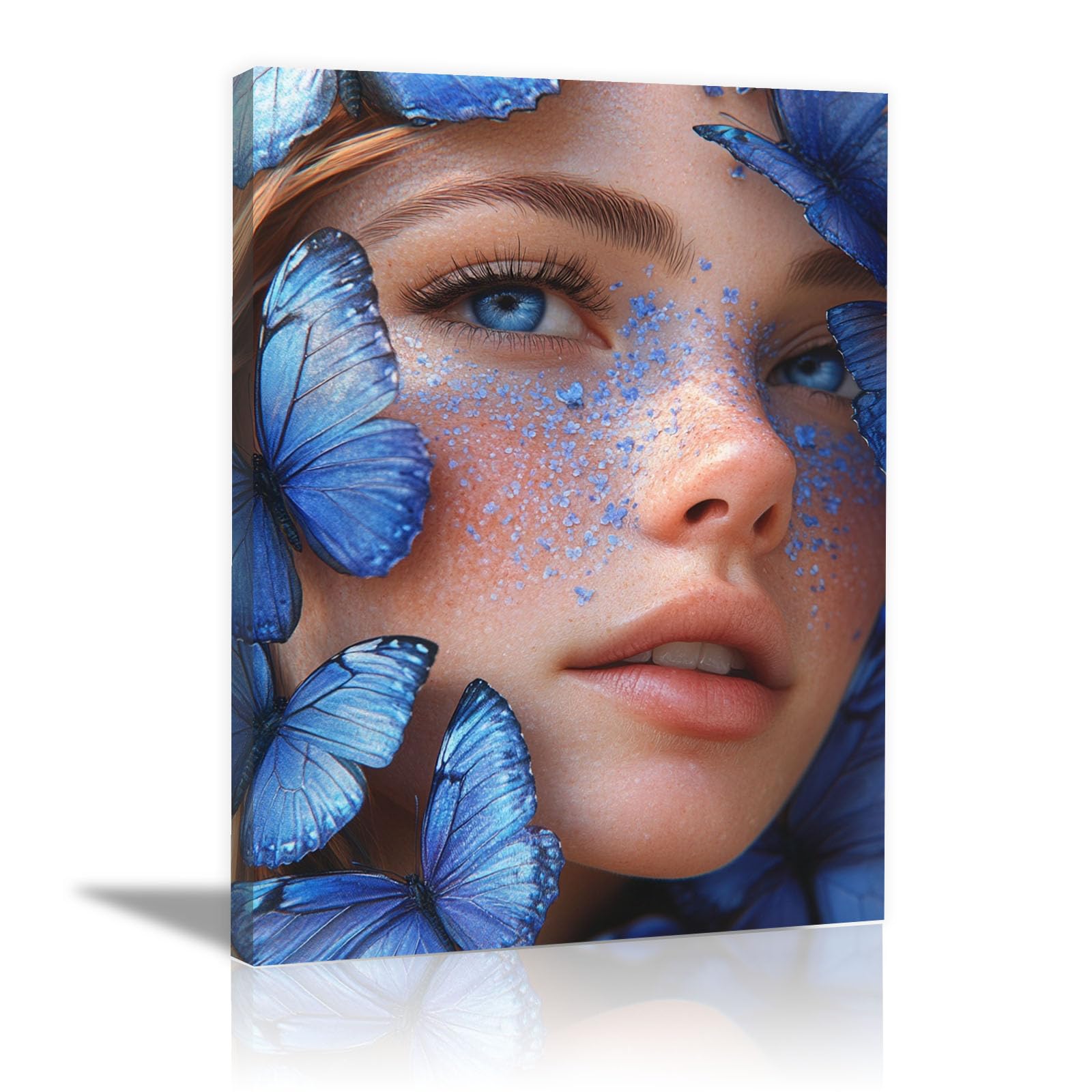 TERUEA Canvas Wall Art Abstract Woman with Blue Butterflies on Her Face Portrait Picture Prints for Girls Room Bedroom Wall Decor(Blue)-60x90cm Framed