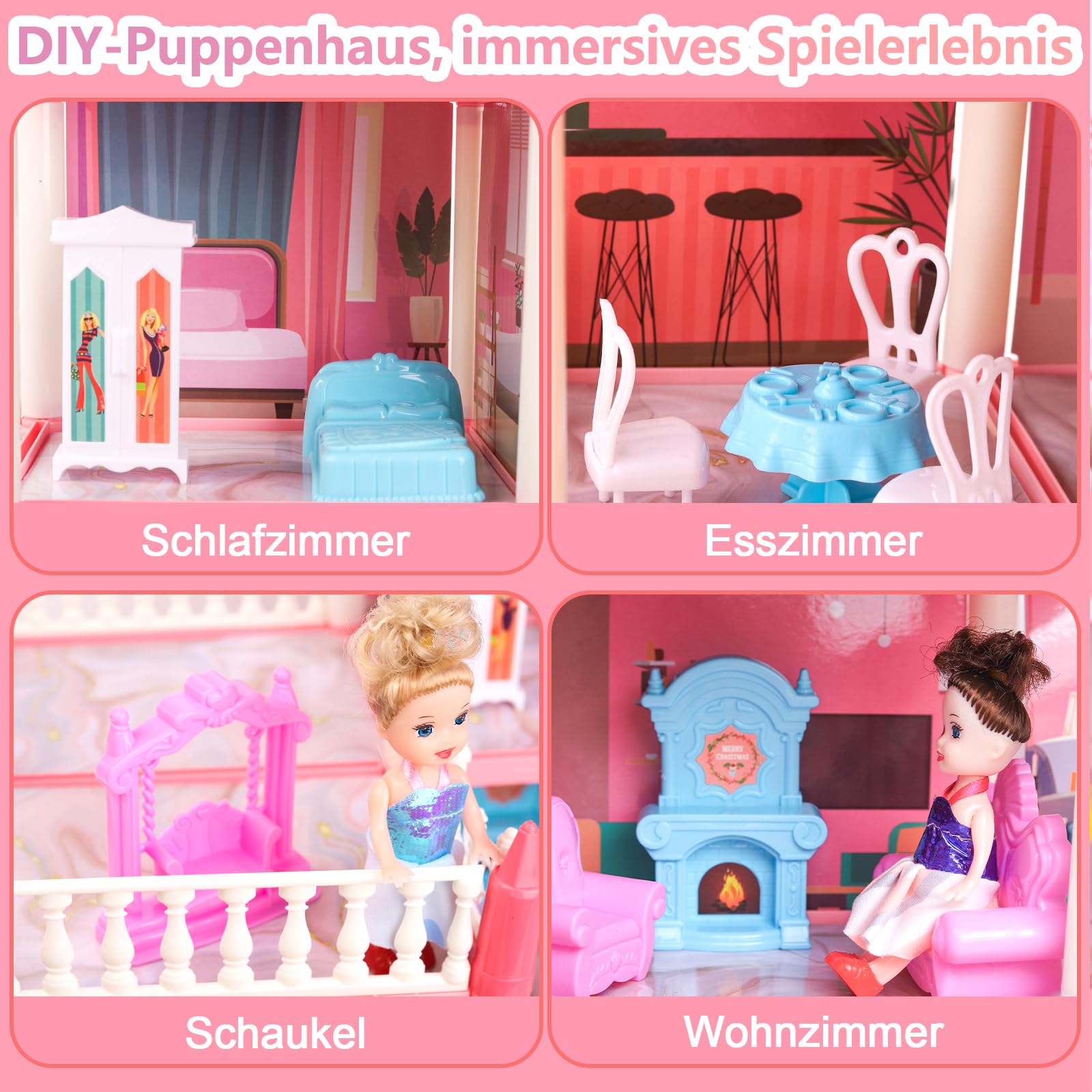 Puppenhaus für Mädchen mit Licht, Spielmatte, Puppen und Möbeln für Kinder von 3–8 Jahren
