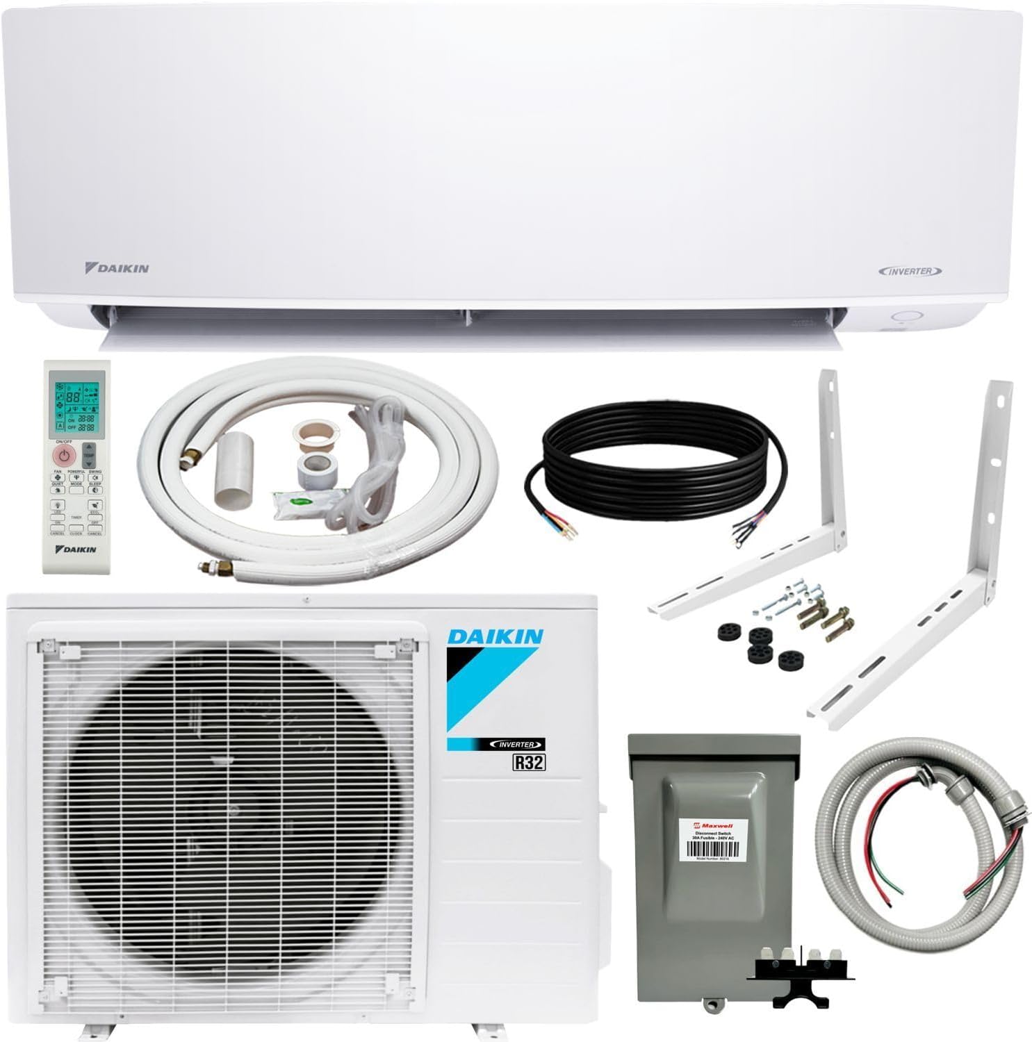 Daikin 18,000 Btu 21 SEER2 Oterra Series Ductless Mini-Split Wall Mount Heat Pump Air Conditioner – R32 w/Installation Kit, 1/2 Whip, 30A Disconnect and Wall Bracket