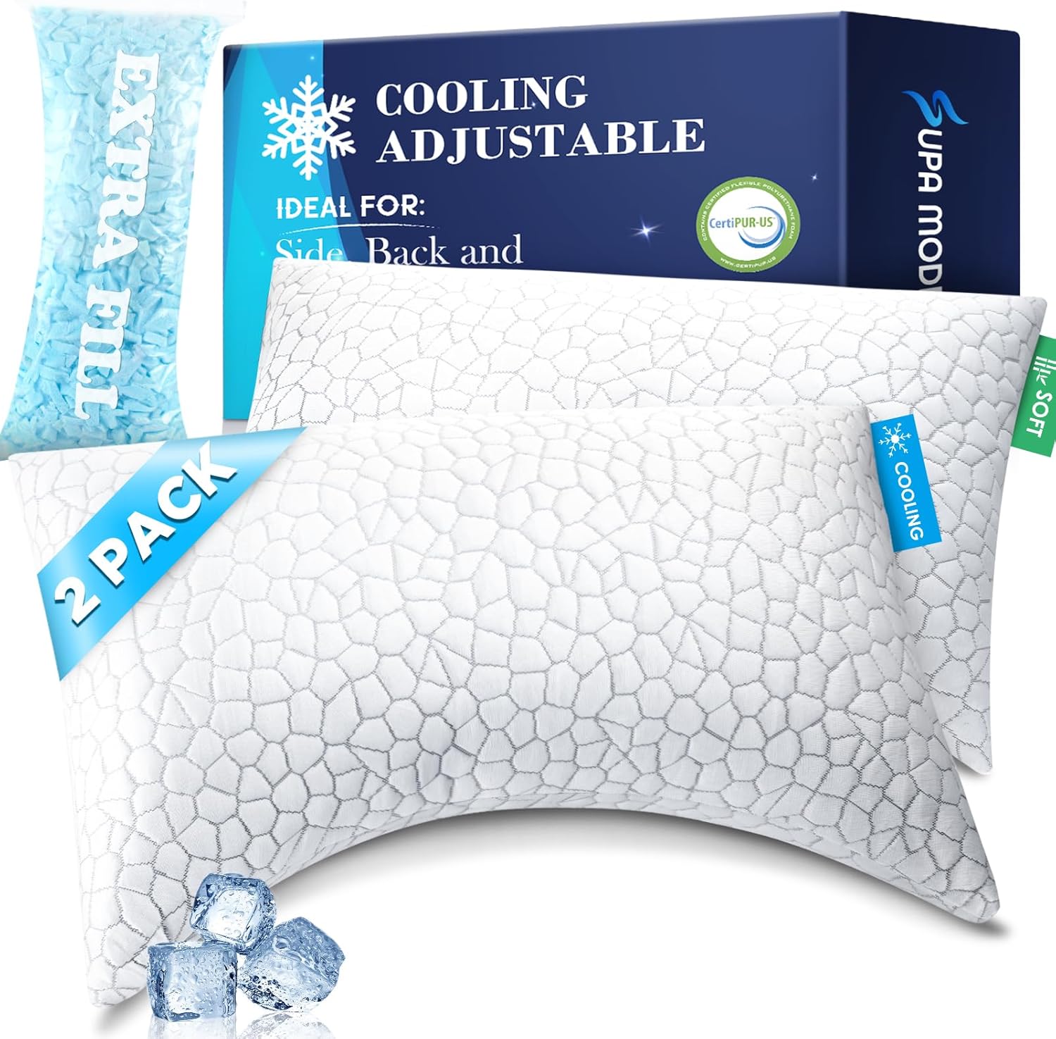 Side Sleeper Pillows for Adults, Cervical Pillow for Side Sleepers Neck and Shoulder Pain Relief, Cooling Ergonomic Crescent Neck Pillows Adjustable Shredded Memory Foam Pillow Queen Size Set of 2