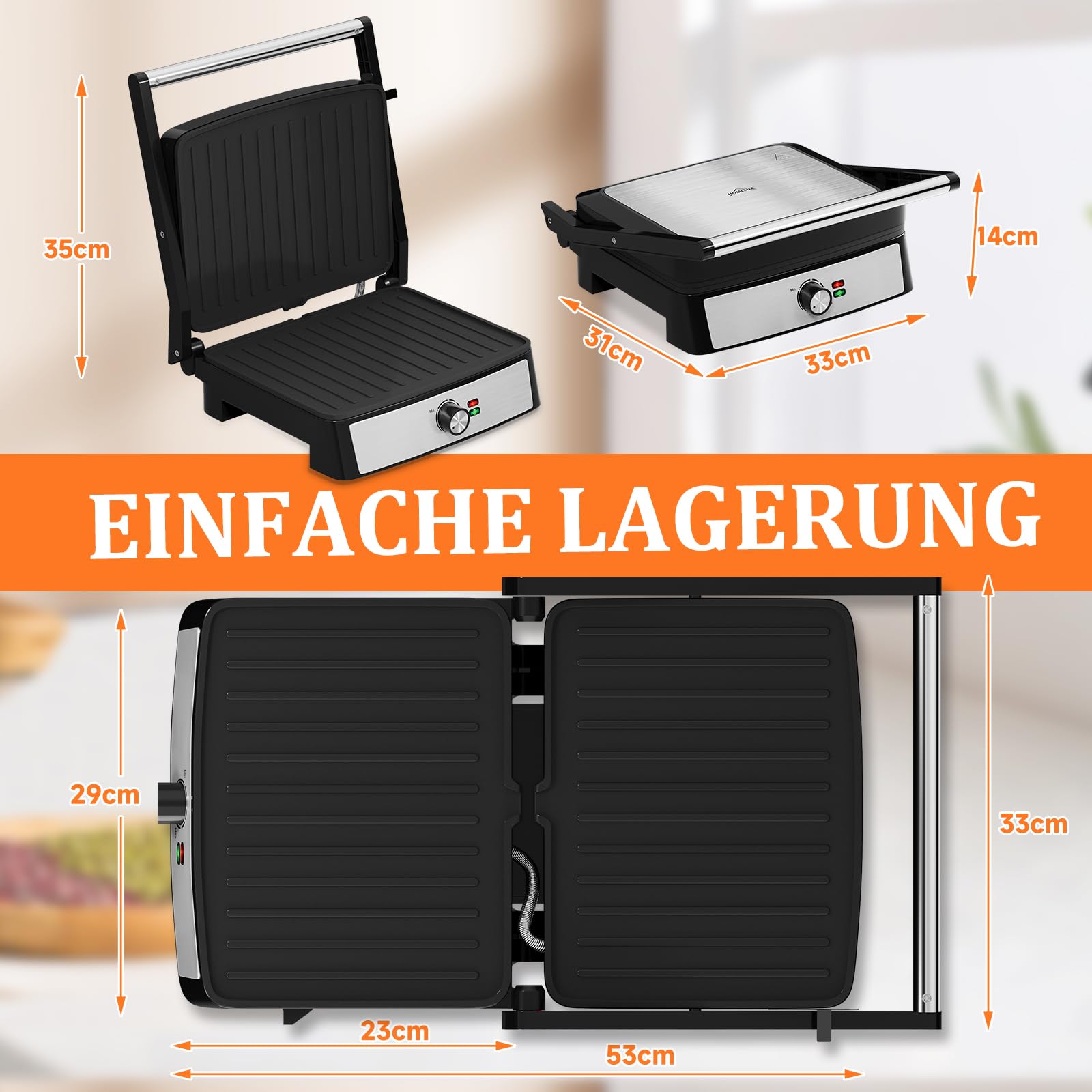HOMELUX Griglia a contatto, panini e panini Grill 2200 W, per grigliare senza grassi, toastie, bistecca, panini maker con piastre antiaderenti 29 x 23 cm, apertura a 180°, raschietto per pulizia