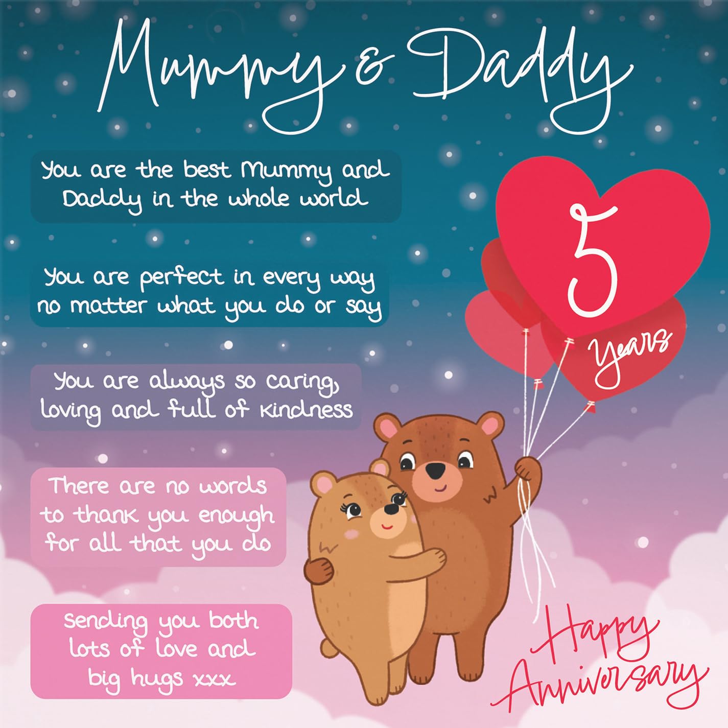 Hunts England - Mummy And Daddy 5th Anniversary Card - Starry Night - Cute Bears - Verse 5th Anniversary Card For Mummy And Daddy - Happy 5th Anniversary Poem Card For Parents - Image 2