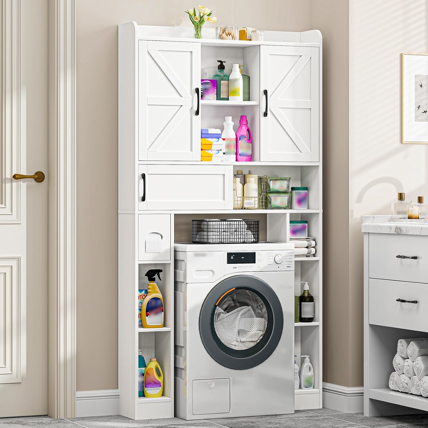 Over The Toilet Cabinet with 2 Barn Doors & Sliding Door, Farmhouse Toilet Cabinet Rack with Toilet Paper Holder Stand & Open Storage Shelf, Adjustable Organizer for Restroom, Bathroom, Laundry