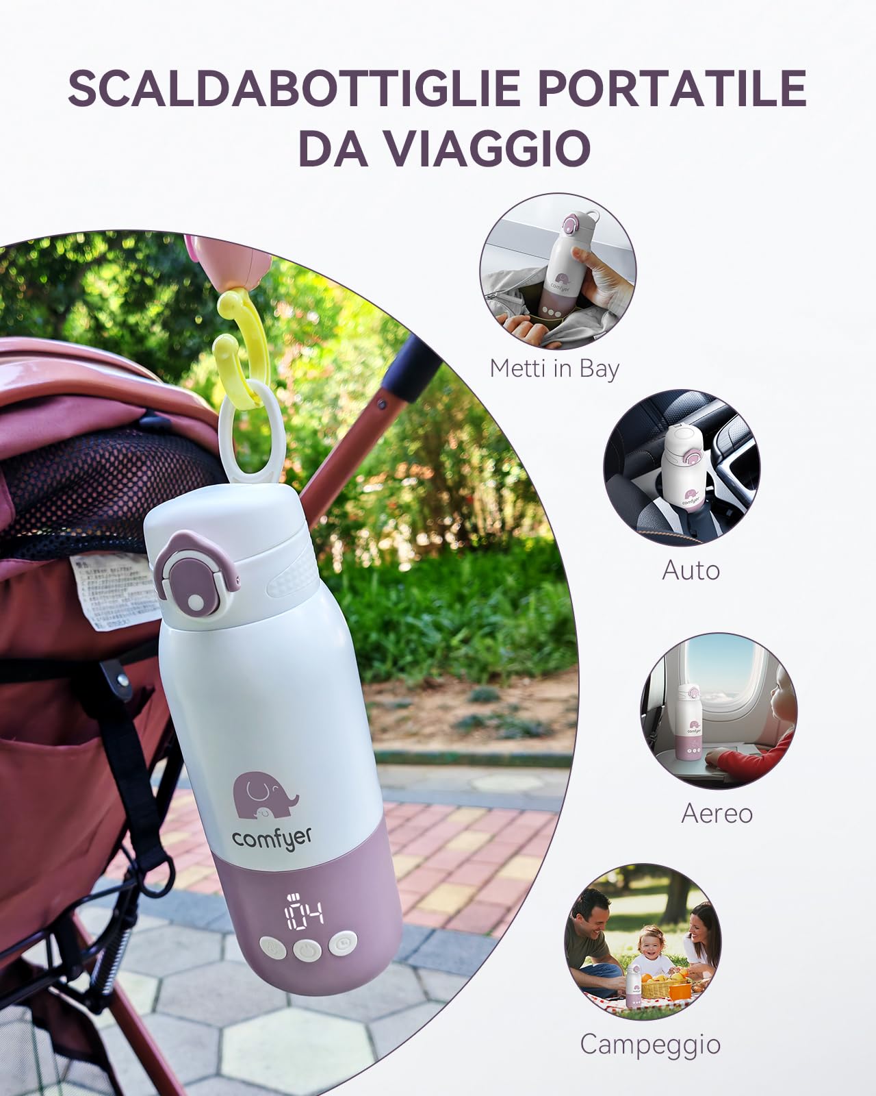 comfyer Scaldabiberon Portatile, Riscaldamento Rapido e Lunga Durata della Batteria, 2 Modalità per Latte Materno e Acqua, Grande Capacità di 340ml per Tutto il Giorno