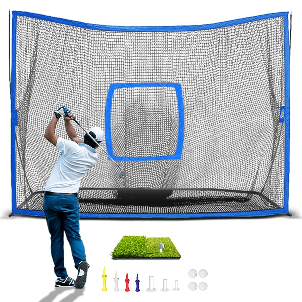 YUNIC Golf Net, Golf Practice Net with Tri-Turf Golf Mat, All in 1 Home Golf Hitting Aid Nets for Backyard Driving Chipping Swing Training (10x7FT, Wall Pro), Black