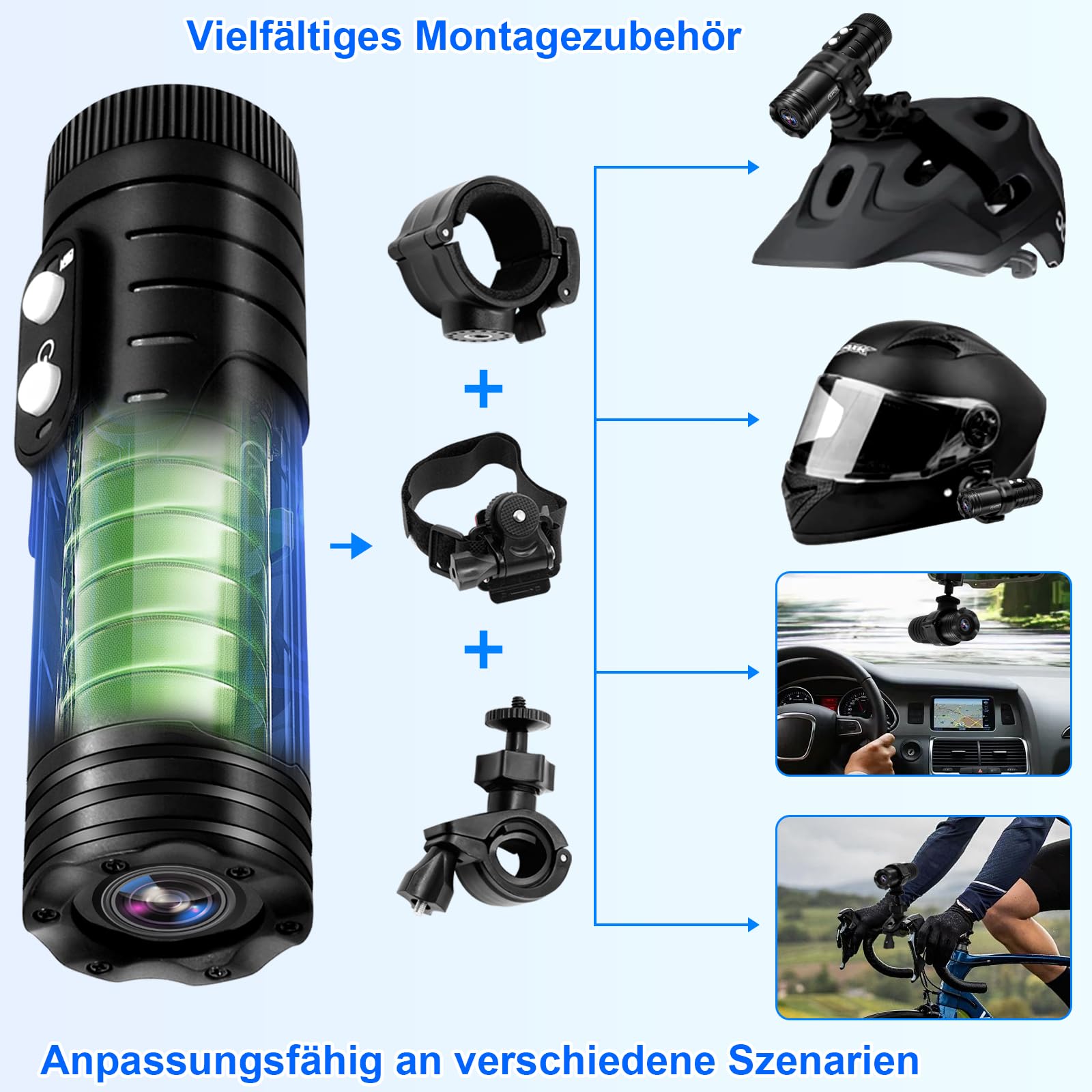 TANGMI Helmkamera, WiFi Action Cam, 1080P HD & 120° Weitwinkel Helmkamera Motorrad mit Automatischer Horizontausrichtung und Großem Akku für 7 Stunden