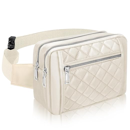 Large Cute Fanny Packs for Women Cross body Fashion Waist Bag Off White Nylon Fanny Pack Designer Quilted Fanny Bag for Travel Workout Running Bumbag Big Hiking Gym Fanny Pack