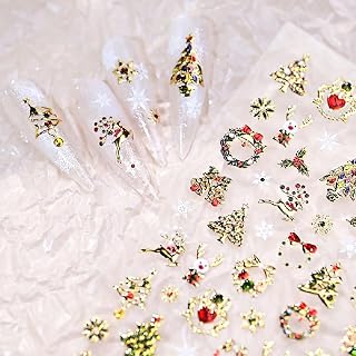 5D Embossed Gold Christmas Tree Nail Art Stickers for Xmas Elk Bow Design, Winter Snowflake Decals for Women Girl Holiday Decoration