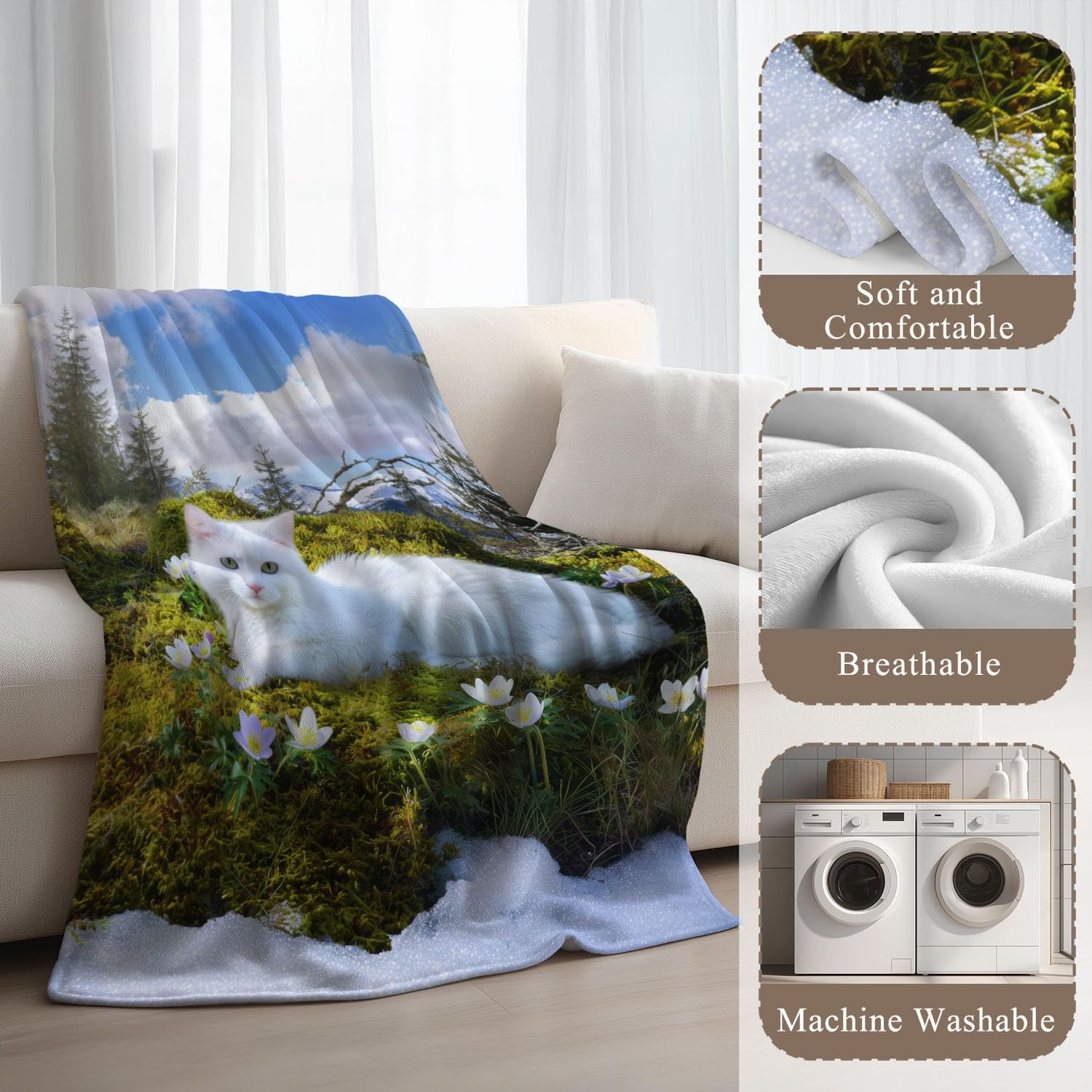 Générique Couverture Plaid Flanelle 150cm x 200cm Épais Couvertures Polaire d'automne Chaud, Réalisme Paix Chat Moelleuse Légères Blanc Vert Couvertures pour Lit ou Canapé