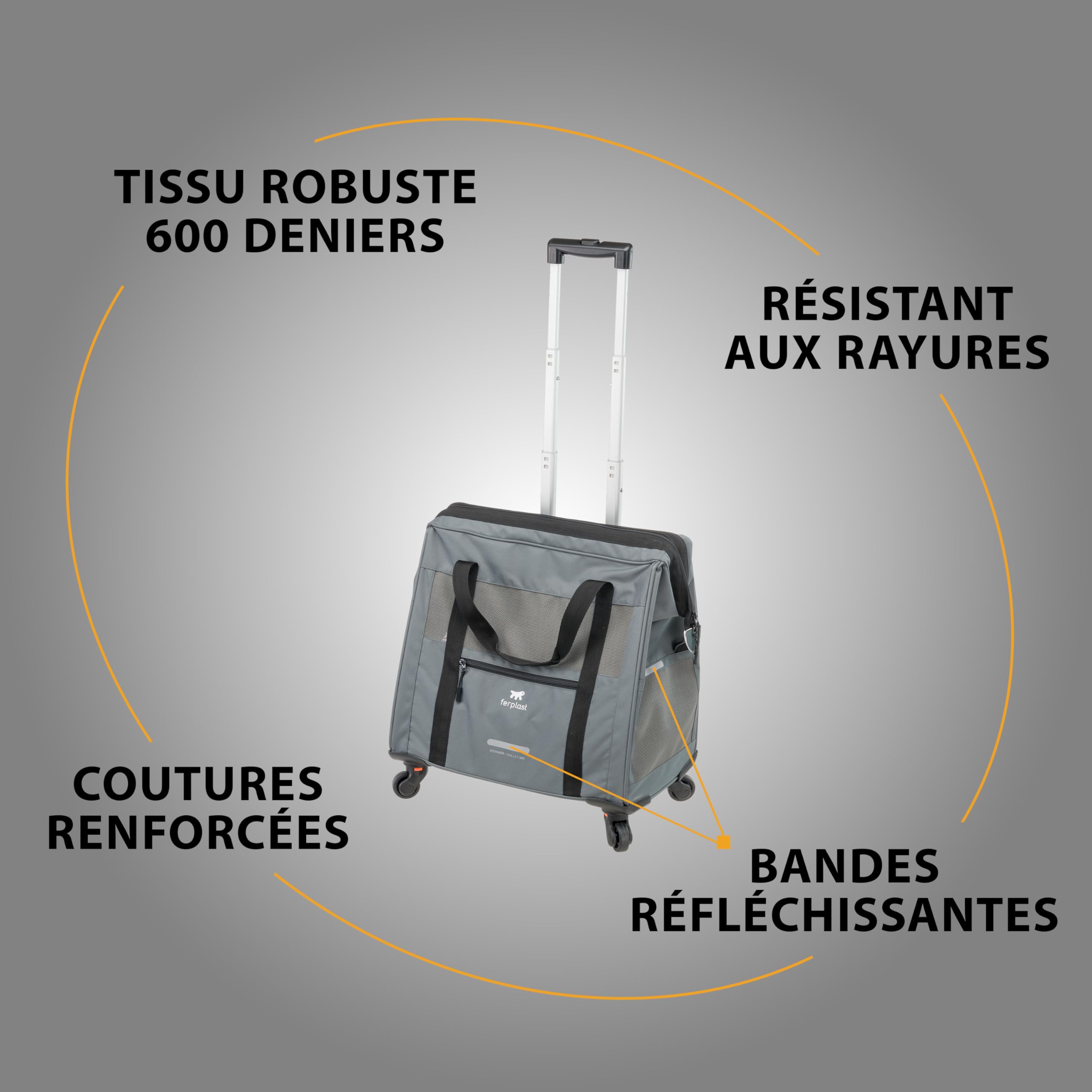 Ferplast Sac de Transport pour Chat Voyager Trolley, Sac Transport Chien, Poignée Extensible, Sangles Réglables, Large Ouverture, Roues Amovibles, Max 15 kg, 46 x 26 x 48H cm, Gris