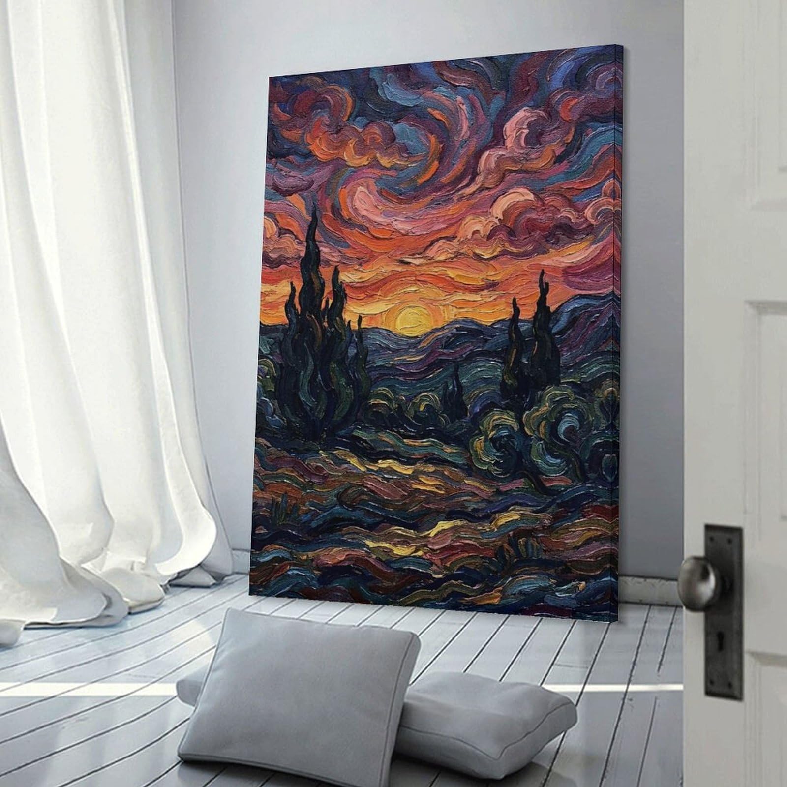Junmoney Impressionistic Landscape with Sunset And Trees Home Decor Wall Art 20x30inch(50x75cm), for Restful Interiors, Bedrooms Or Small Rooms, Decorative Wall Art for Cosy Rooms