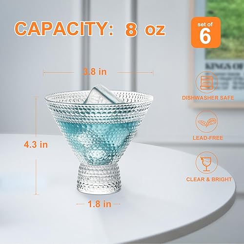 Miniatura 2 de Juego de 6 copas de Martini vintage sin tallo de 8 onzas, bonitas tazas de cóctel vintage con diseño de clavos, margarita sin tallo y copas de