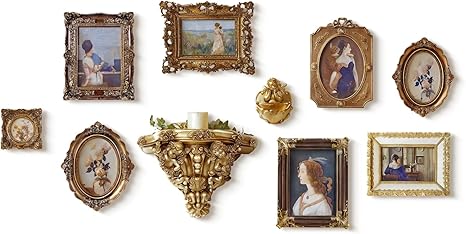 10 Pack Vintage Wall Decor, 5x7 Gold Picture Frames Antique Resin Gallery Wall Frame Set with Wall Shelf & Sculptures, Collage Photo Frames for Wall/Tabletop Display, Ornate Home Decor