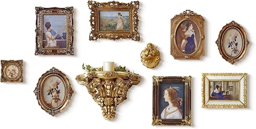 10 Pack Vintage Wall Decor, 5x7 Gold Picture Frames Antique Resin Gallery Wall Frame Set with Wall Shelf & Sculptures, Collage Photo Frames for Wall/Tabletop Display, Ornate Home Decor