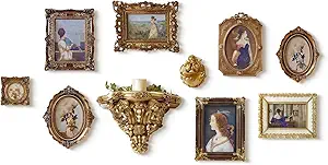 10 Pack Vintage Wall Decor, 5x7 Gold Picture Frames Antique Resin Gallery Wall Frame Set with Wall Shelf & Sculptures, Collage Photo Frames for Wall/Tabletop Display, Ornate Home Decor