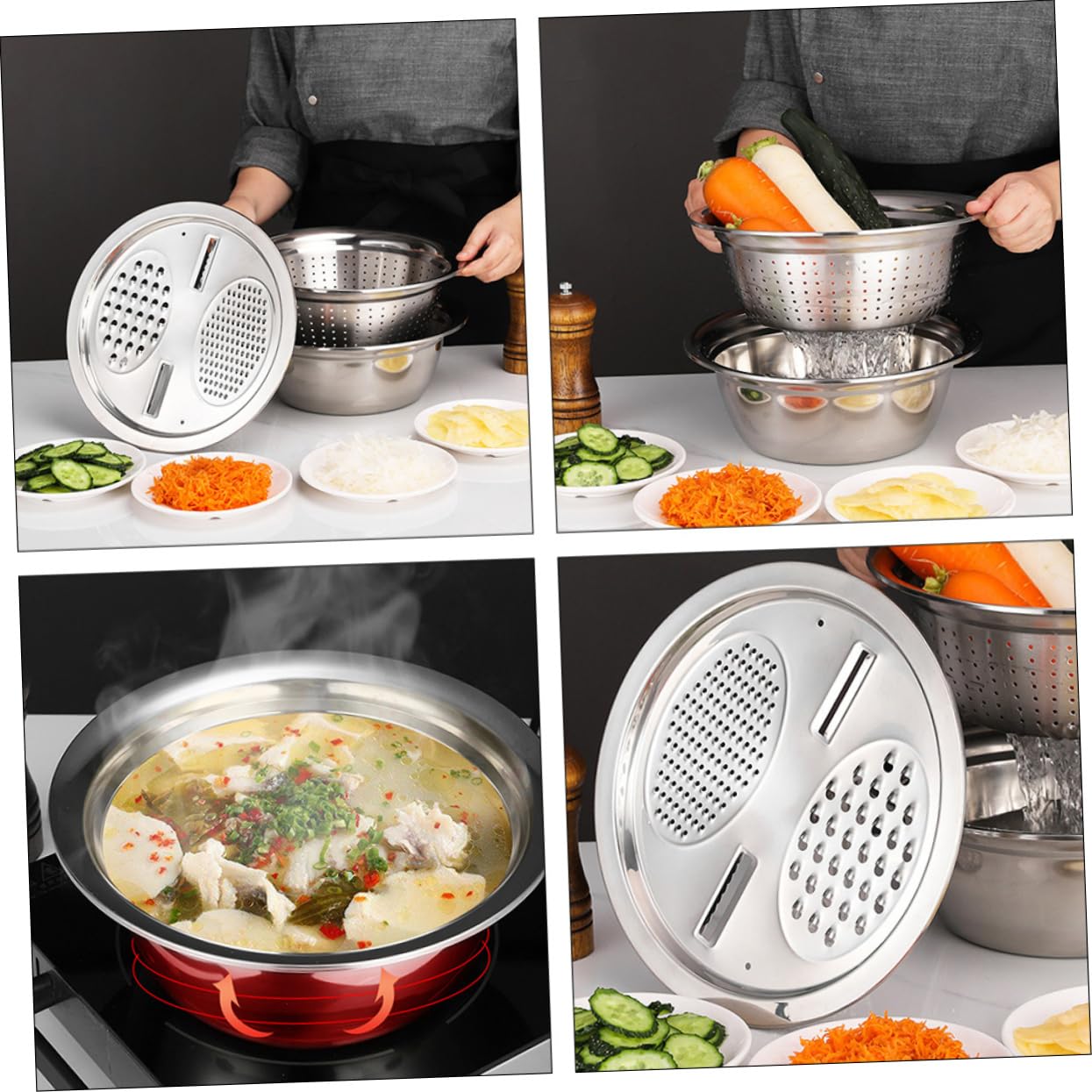 Set Basin Multifonction Acier Inoxydable avec Éplucheur et Râpe Passoire Résistante et Ergonomique pour Cuisine Professionnelle