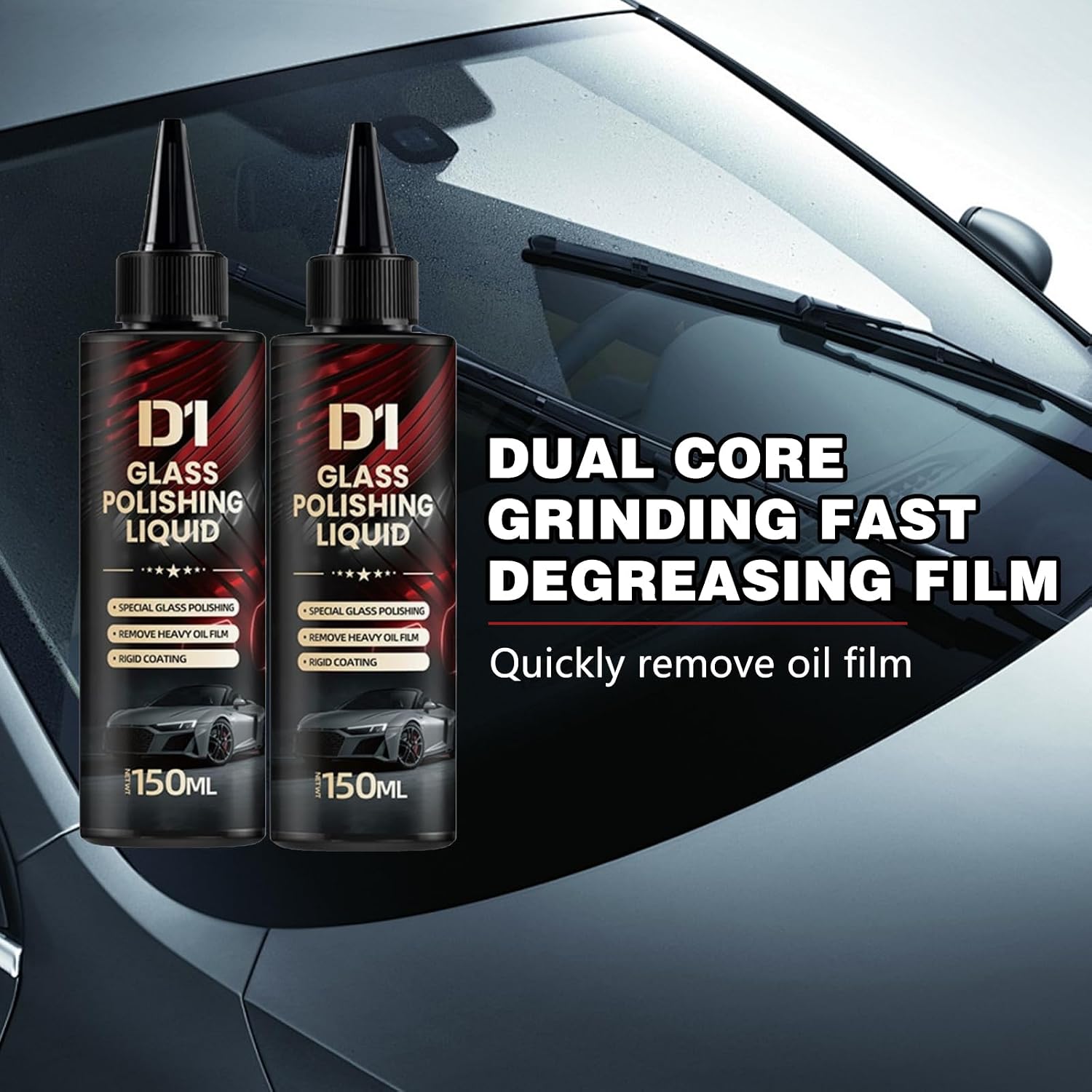 2Pcs Bianca Glass Polishing Liquid D1, Bomini Car Glass Polishing, Auto Compound Windshield Cleaner, Waterspot Oil Film Remover, Anti-Fog Hydrophobic Coating Spray with Sponge, Scratches, Oil Film