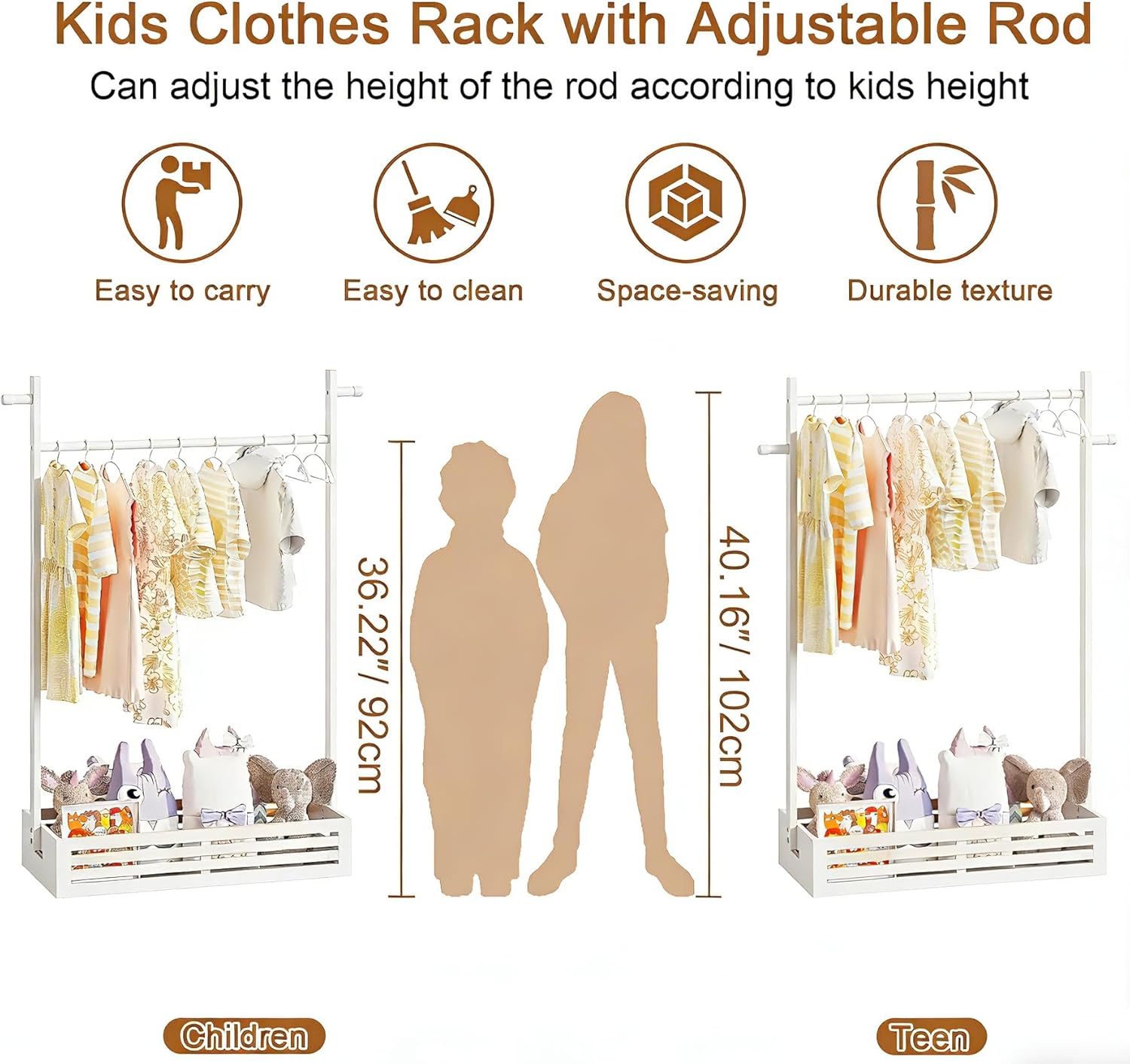 Kids Clothing Rack for Toddler, Pets Clothes Rack with Storage Box & Hanging Rod for Dogs/Cats, Baby Clothes Closet Stand for Nursery Room (White, Kids)