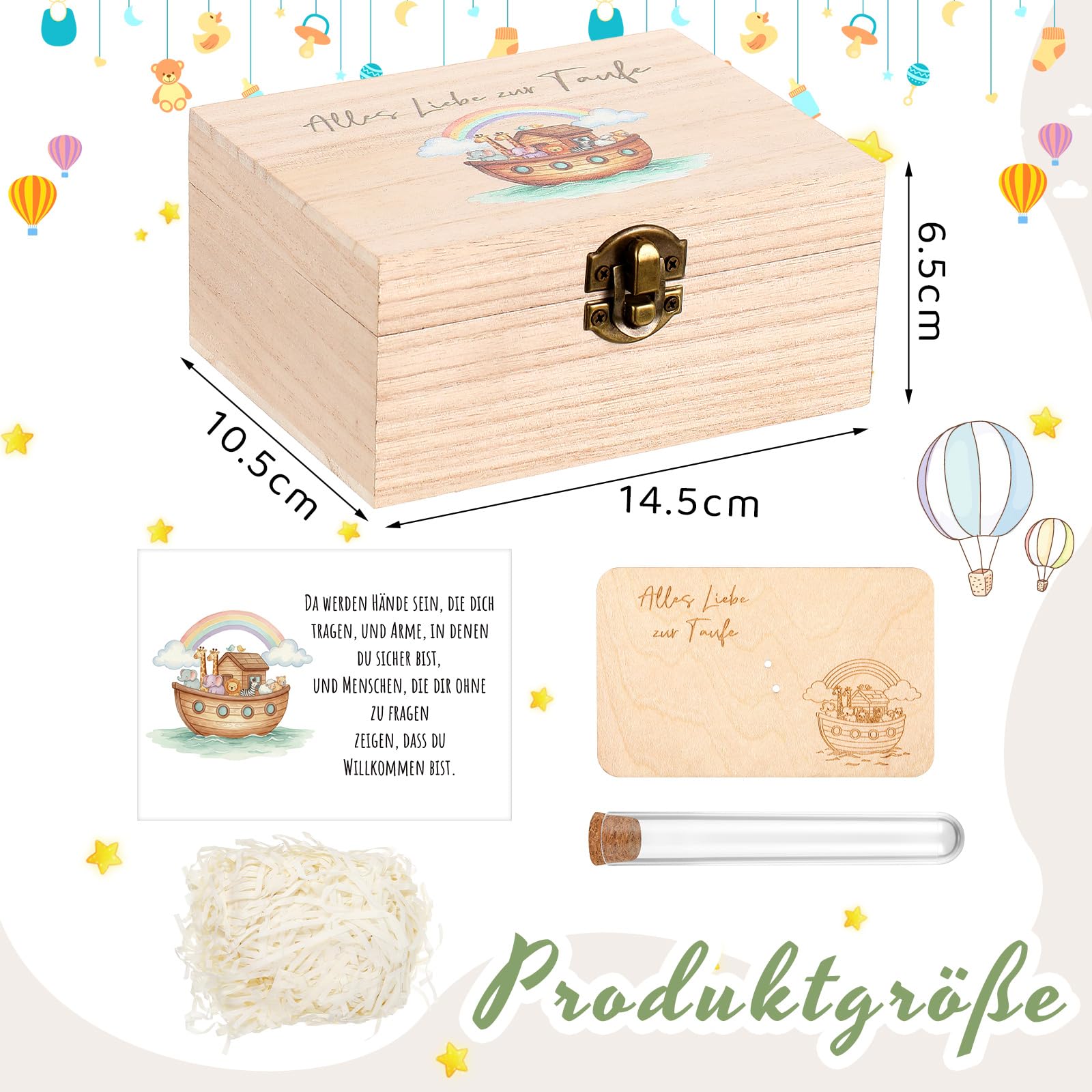 Namalu 4er Set Taufe Geldgeschenk Holzbox mit Regenbogen und Tier Arche Noah Reagenzglas Holzsplitter Grußkarte und Raffia Gras Geldgeschenk Verpackung für Party Gäste Taufe Deko