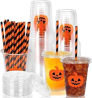 Whaline 50Pcs Halloween Disposable Plastic Cups with Lids and Straws Orange Spooky Pumpkin Face Cold Beverage Drinking Cups for Trick or Treat Birthday Party Supplies