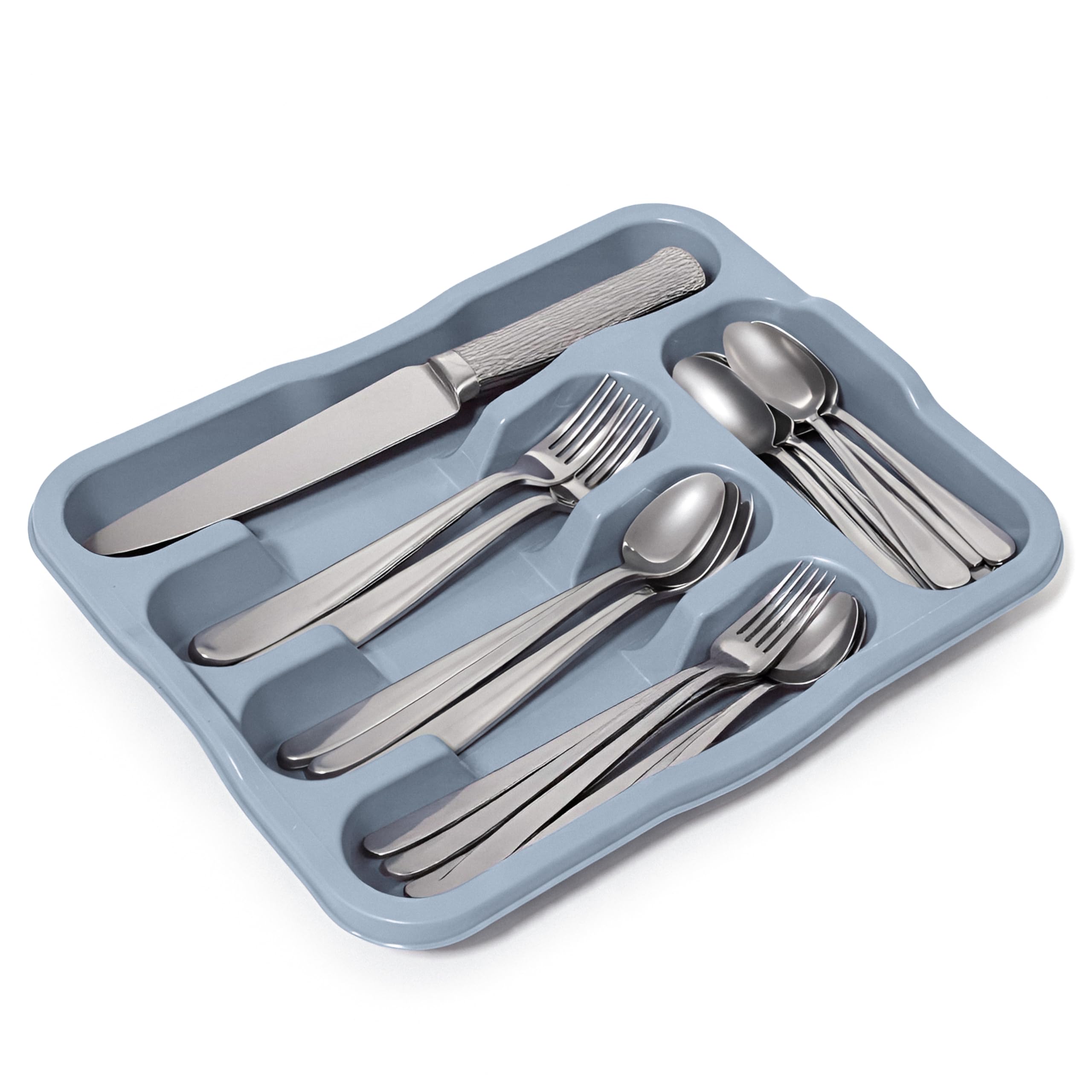 DIVCHI 5 Compartment Cutlery Tray Compact Storage Divider for Kitchen Drawers Plastic Cutlery Organiser Insert with Anti-Slip Base, Utensil Holder for Knives Forks Spoons, Durable Easy Clean (Blue)