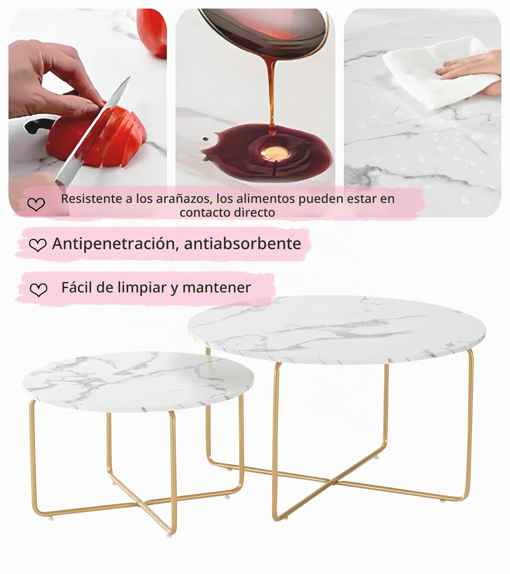 Juego de 2 mesas de Centro gigogne Redondas, imitación de mármol, Estructura de Metal Dorado, Mesa Auxiliar Redonda para salón, salón de té, Oficina