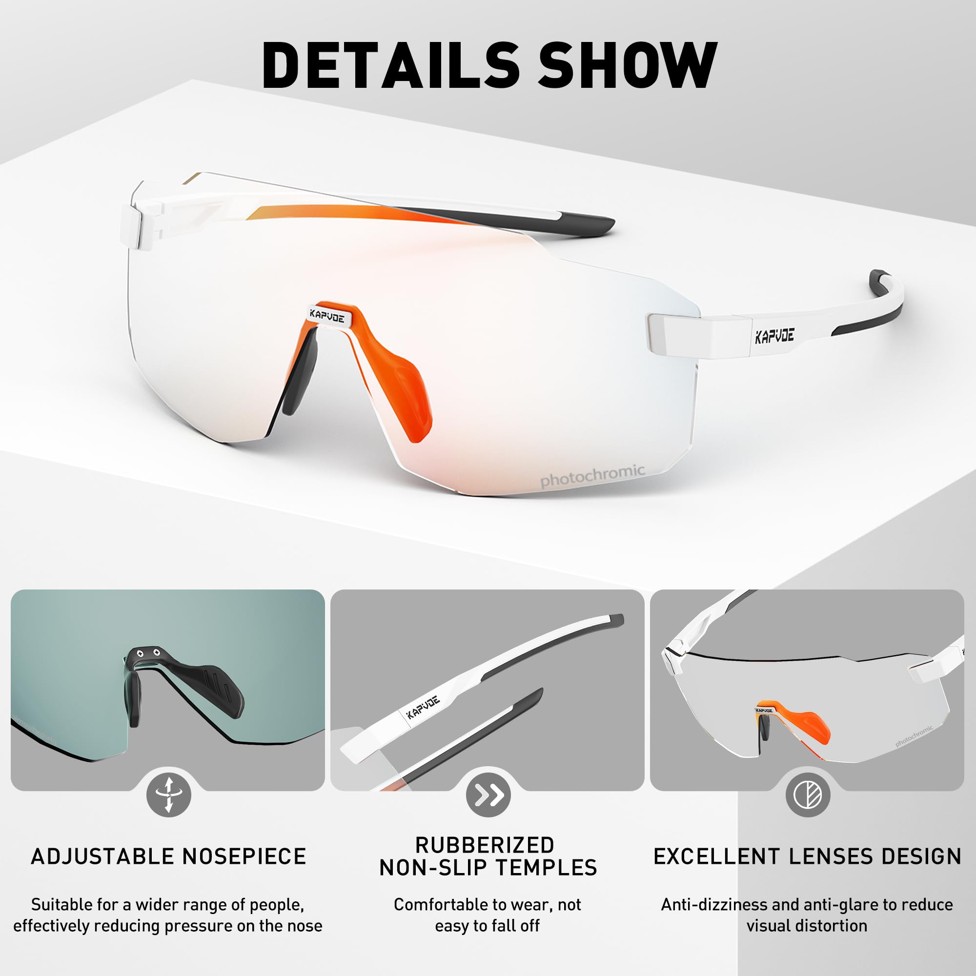 KAPVOE Photochromatische Selbsttönend Fahrradbrille für Herren Damen Klar Rennrad Brille MTB Sportbrille Radbrille UV400 Schutz Randlose Transprante Gläser für Outdoorsports