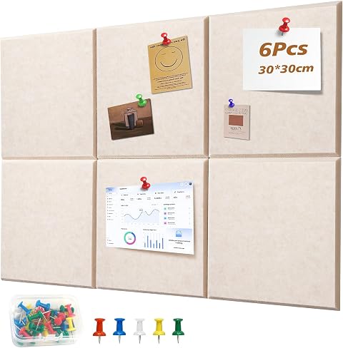 Bacheca in Feltro Autoadesiva 6 Pezzi 30x30 cm – Spessore 9 mm | Resistente a Flessione/ Usura, Fonoassorbente, Protegge la Parete, Installazione Facile, per Ufficio/ Scuola/ Casa