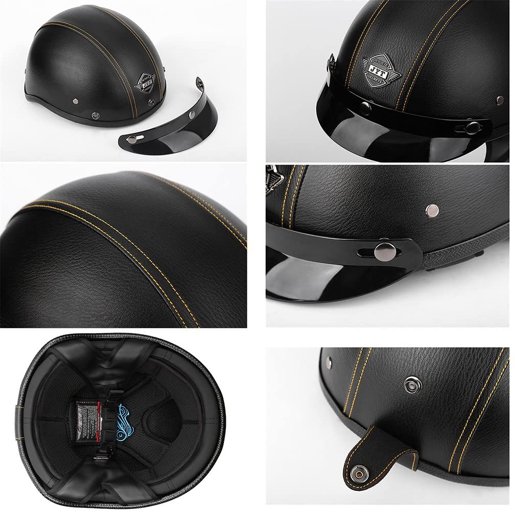 Halbhelme Motorradhelm, Pu-Leder Half Helm Mit Schutzbrille, DOT/ECE-Zulassung Retro Halbschalenhelm, Mit Visier Schnellverschluss，Motorradhelm Halbschalenhelm Mit ECE