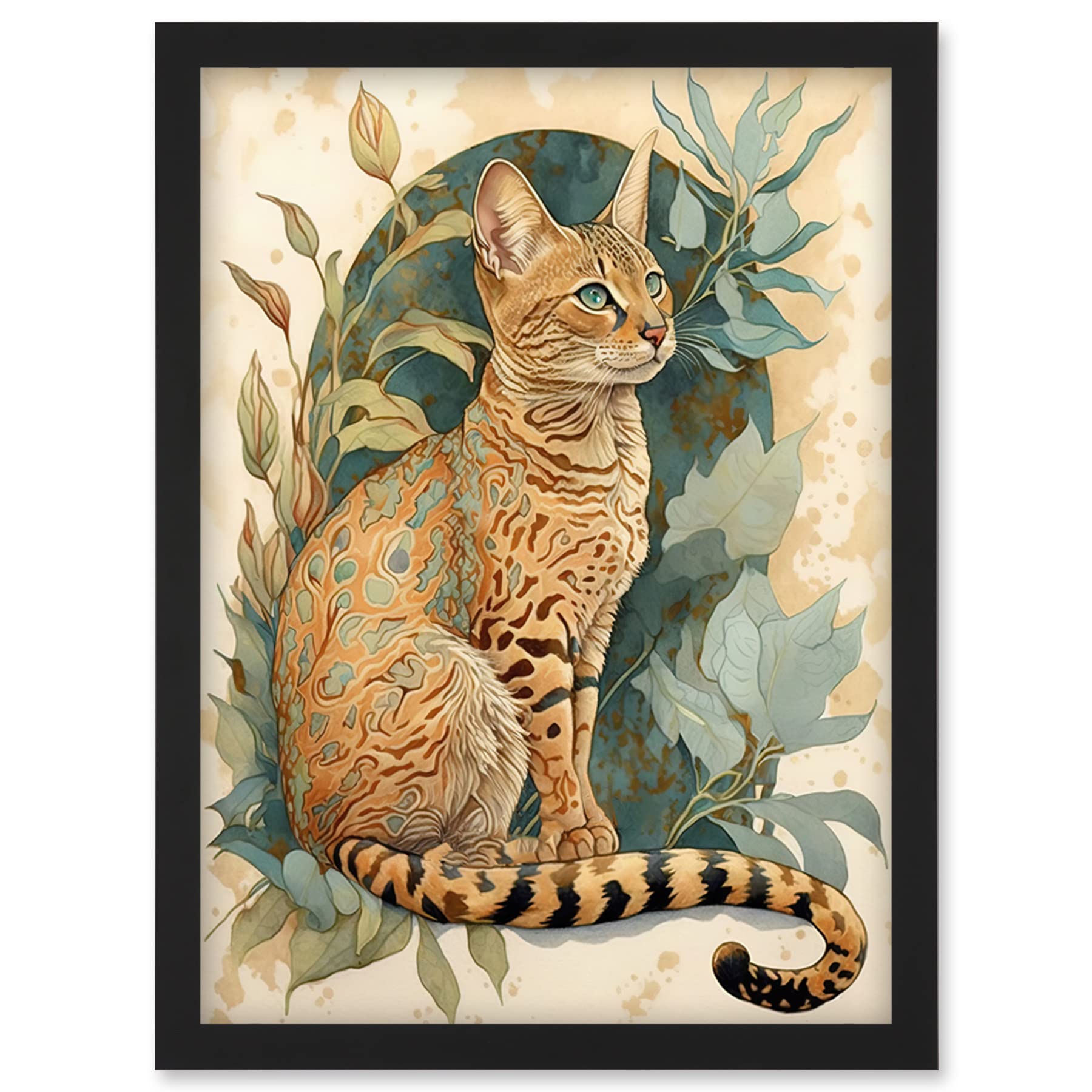 Artery8 Ocicat Cat with Teal Rosette Pattern Fur and Leafy Plants Watercolour Illustration Artwork Framed Wall Art Print A4