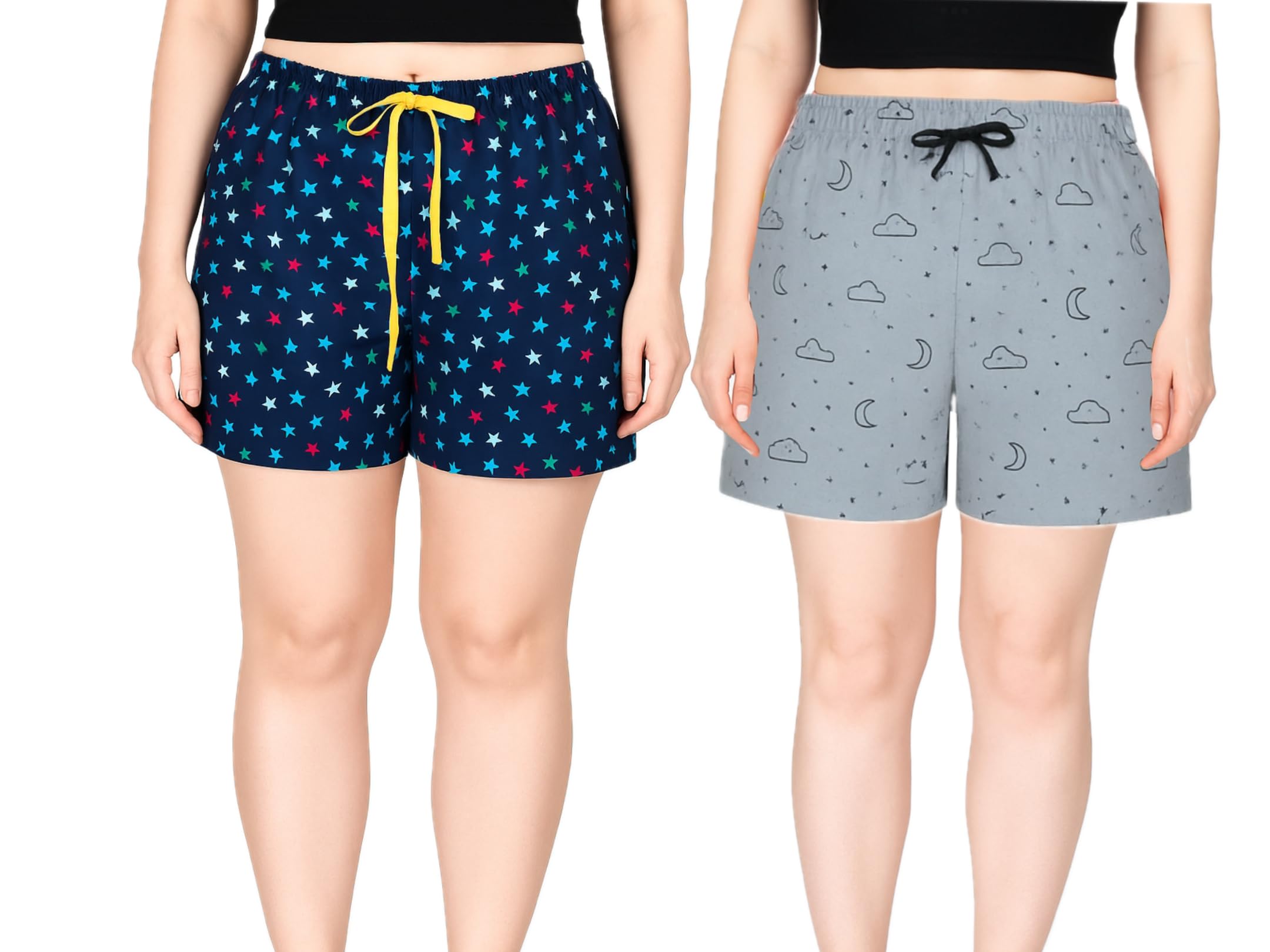 Women's Printed Lounge Shorts Set of 2, Floral Pink and Lemon Pattern, Drawstring Waist, Casual Summer Wear-picture-23
