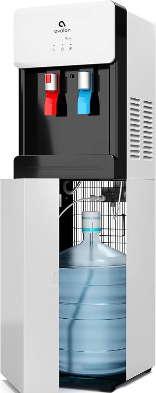 Dispensador de agua fría y caliente Avalon con carga inferior, bloqueo de seguridad para niños, diseño delgado innovador, capacidad para botellas de 3 o 5 galones, certificación UL, color blanco