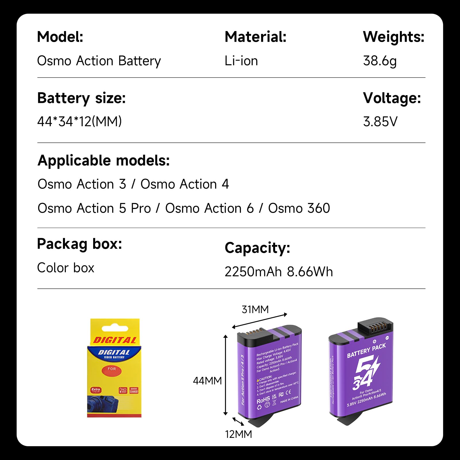 CITYORK Batteria di ricambio da 2250 mAh per DJI-Osmo. Action 6/5 Pro/Action Osmo Action 4/Action 3/Osmo 360 Extreme batteria, batteria ricaricabile a lunga durata