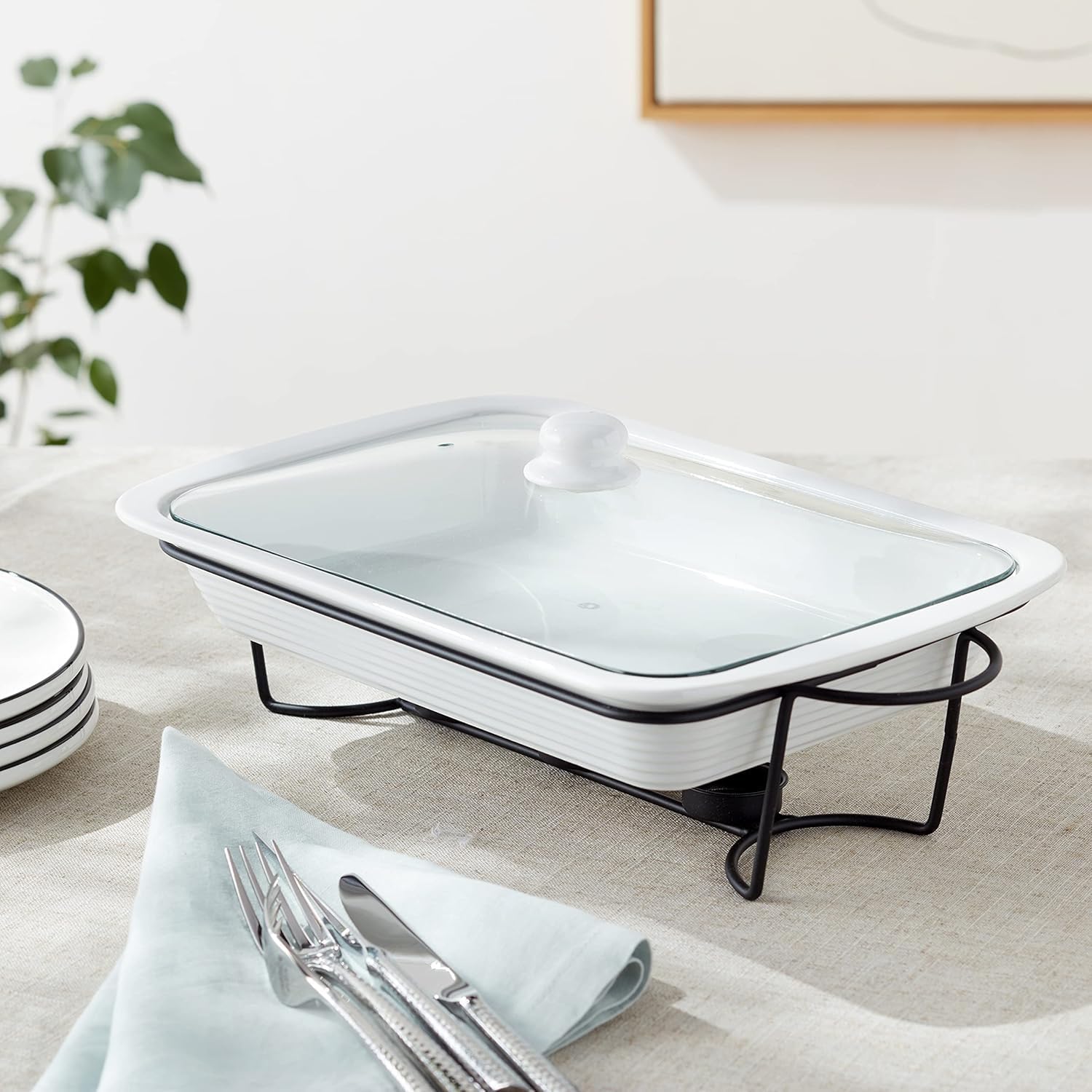 Stoneware 3-Piece Baking Dish, Glass Lid and Metal Stand, Bake and Server Food Warmer Set, Oven, Dishwasher and Freezer