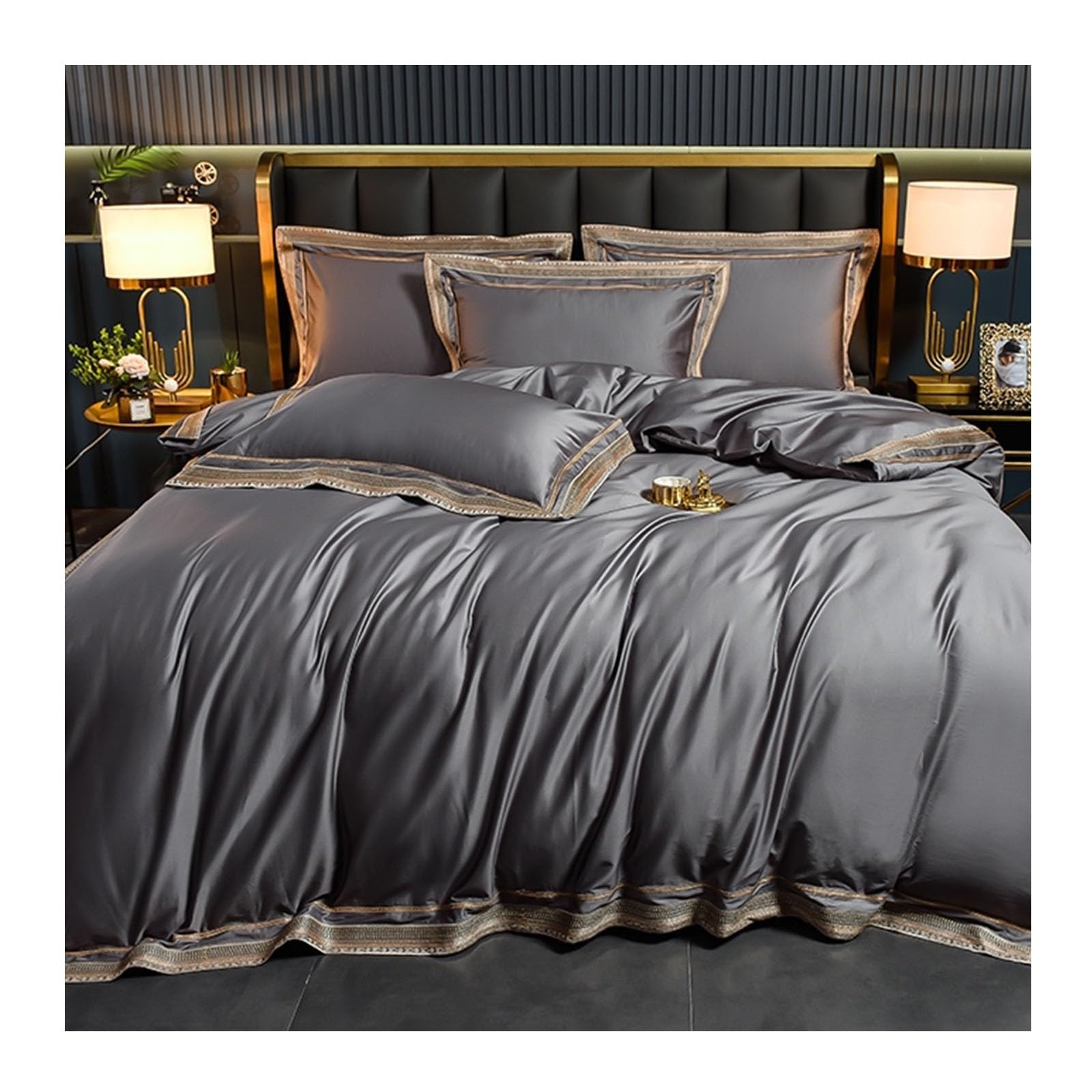 Housse de couette parure de lit 4 pièces coton égyptien luxueux gris foncé 1.5m