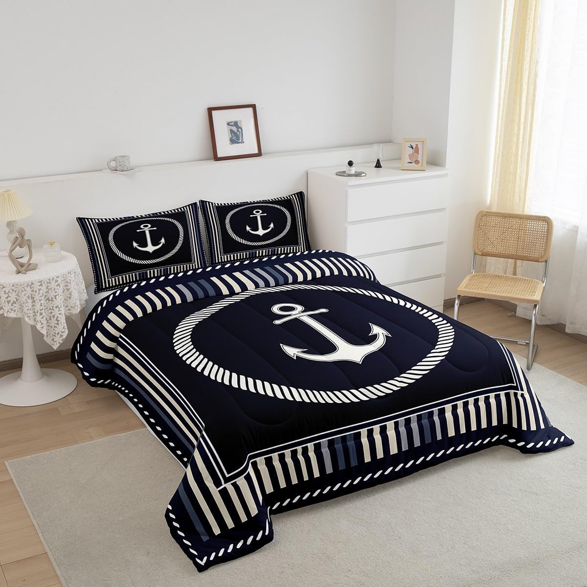 Feelyou Anchor Decor Comforter Set Queen Size Ocean Nautical Themed Bedding Set Kids Boys Girls Geometric Stripes Navy Blue Comforter Coastal Sea Adventure Quilt Set