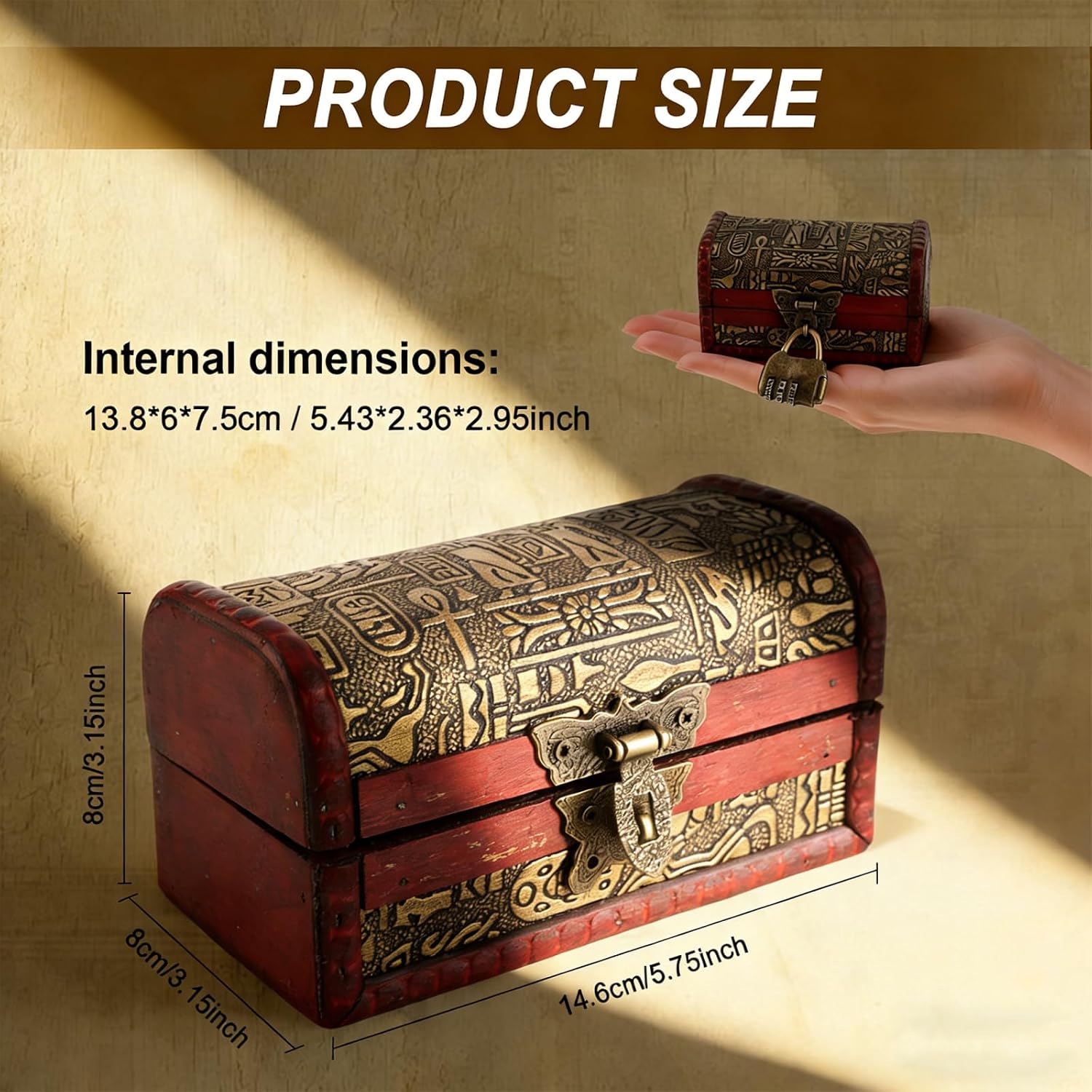 Wooden Treasure Chest,Antique European Style Treasure Chest with Lock,Small Vintage Treasure Chest Box for Jewelry Storing Container,Ancient Box Home Decoration Gifts image 3