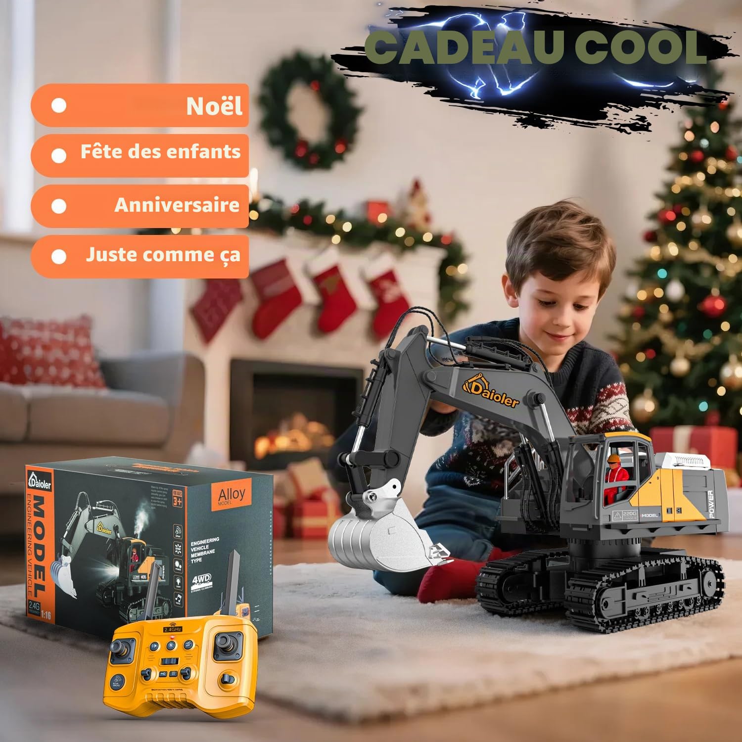 Pelleuse RC Jouet Véhicule de Construction pour Enfants 3-12, Voiture Télécommandée avec Pulvérisateur, Pelle en Métal / 3×Batterie / Rotation à 680°/Éclairage, Pelle Hydraulique pour