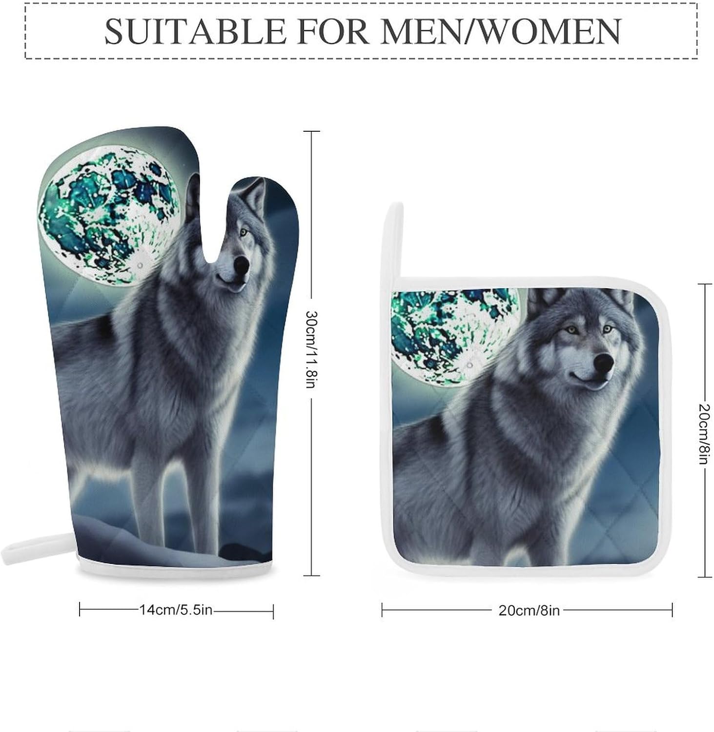 Oven Mitts and Pot Holders 4 Pcs Kitchen Oven Glove Wolf Under Moon Oven Mitt Non-Slip Oven Gloves for Cooking Heat Resistant Hot Pads for Microwave BBQ