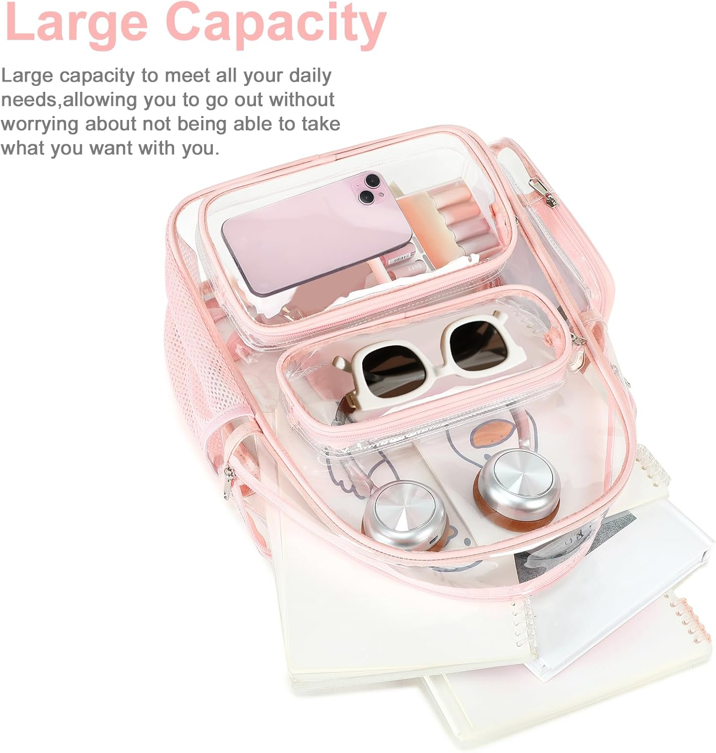 BTOOP Clear Backpack Heavy Duty Transparent Backpack 17" See Through Bookbag for College Work Festival Security Padded Strap (Pink)
