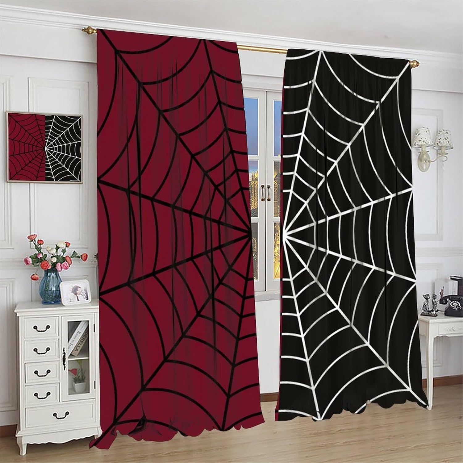 Heroes Spider Web Curtains, Black Red Black Halloween Gothic Window Treatments, Rod Pocket Thermal Insulated Drapes 2 Panel Sets for Teens Kids Living Room Bedroom Playroom, 42"W X 45"L【Decor】 image 5