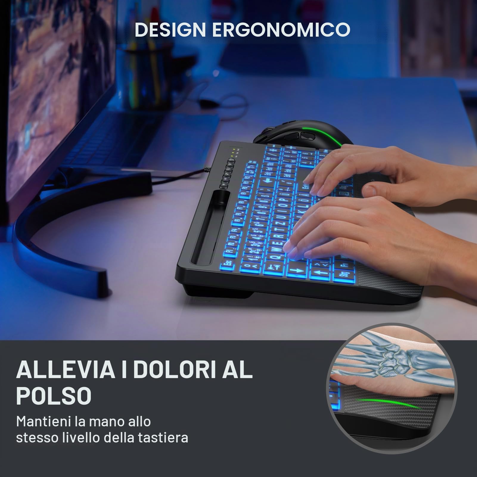 SABLUTE Tastiera Cavo USB illuminato ergonomico per PC - Retroilluminazione a 7 colori, grande pressione, supporto per telefono, facile da leggere