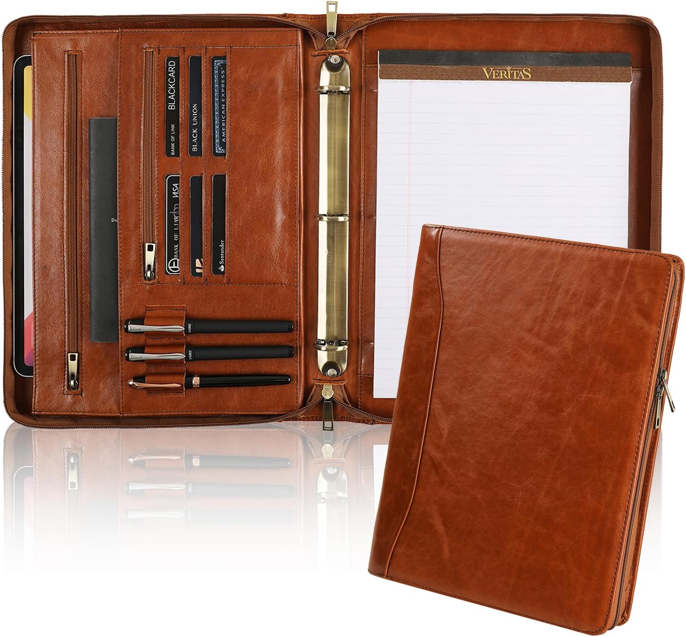 Genuine Leather Portfolio, 3 Ring Binder Padfolio, 11"×14" Padfolio Organizer, Professional Business Portfolio Binder for Men and Women