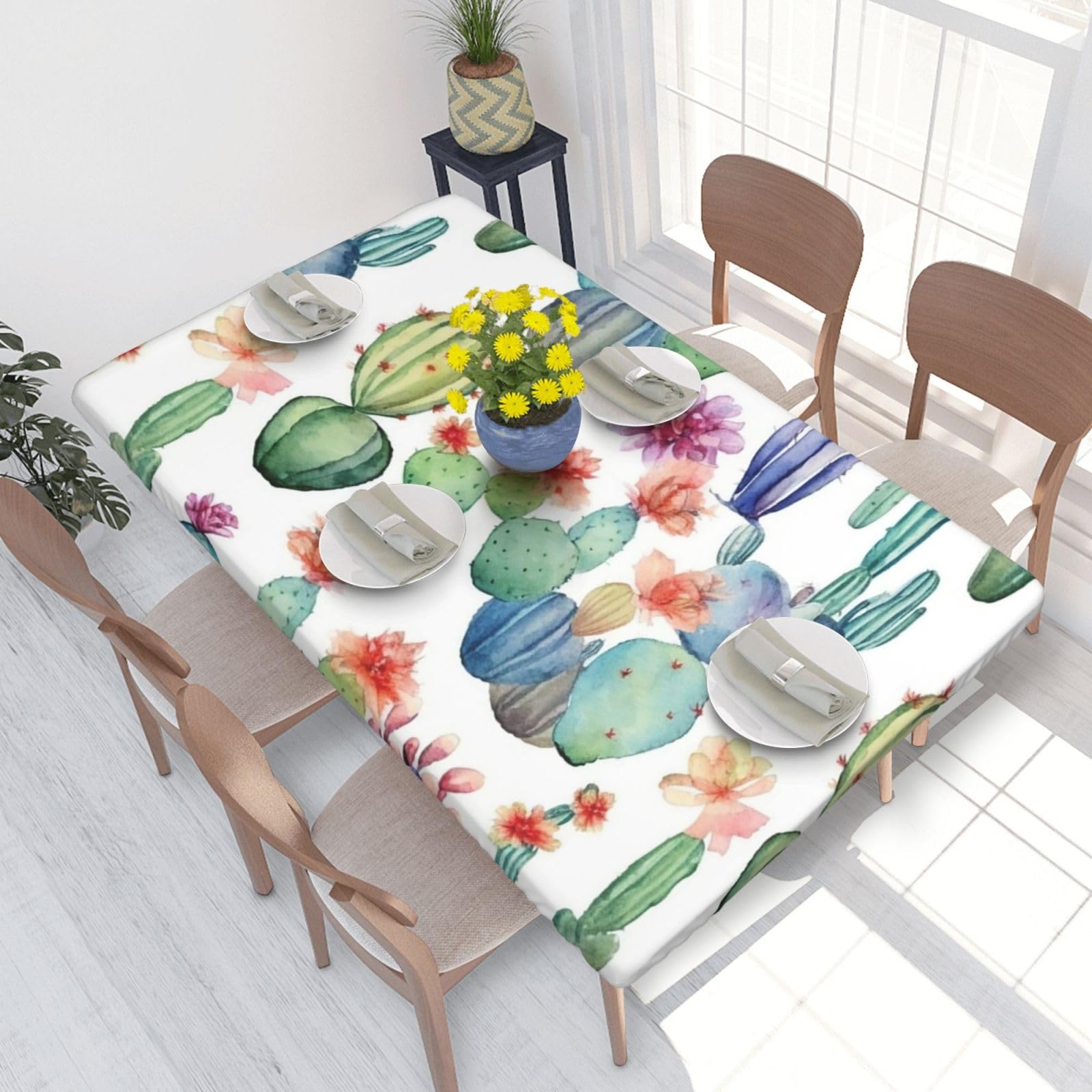Watercolor Cactus Waterproof Square Table Cover Elastic Fitted Tablecloth Oil Proof Table Protector For 4ft Table